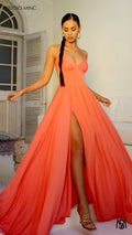 COSMO - Peach Formal Dress with Leg Split & Cut Outs