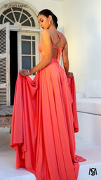 COSMO - Peach Formal Dress with Leg Split & Cut Outs