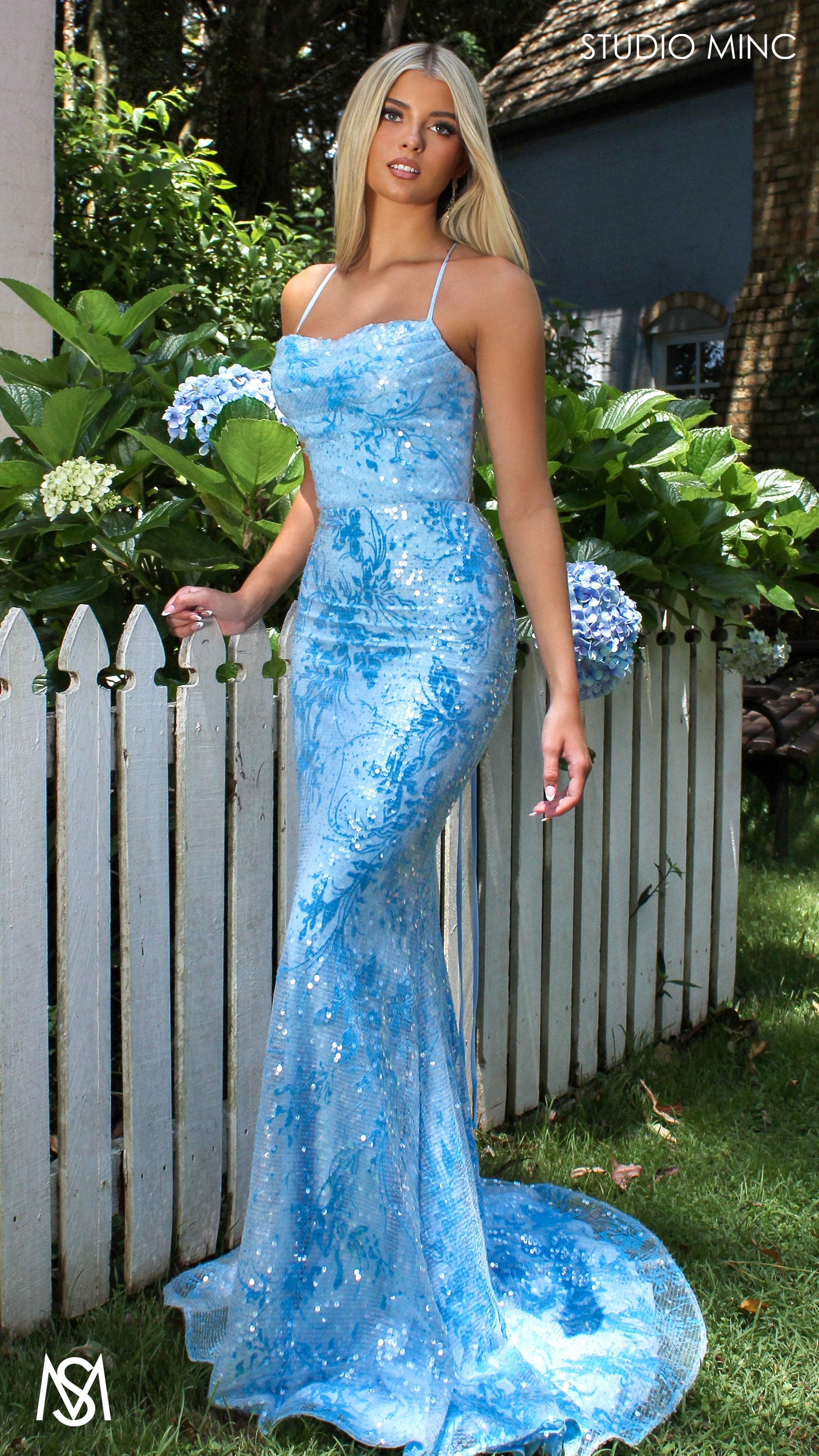 Peony - Light Blue Formal Dress | Two tone floral sequin fitted mermaid lace up