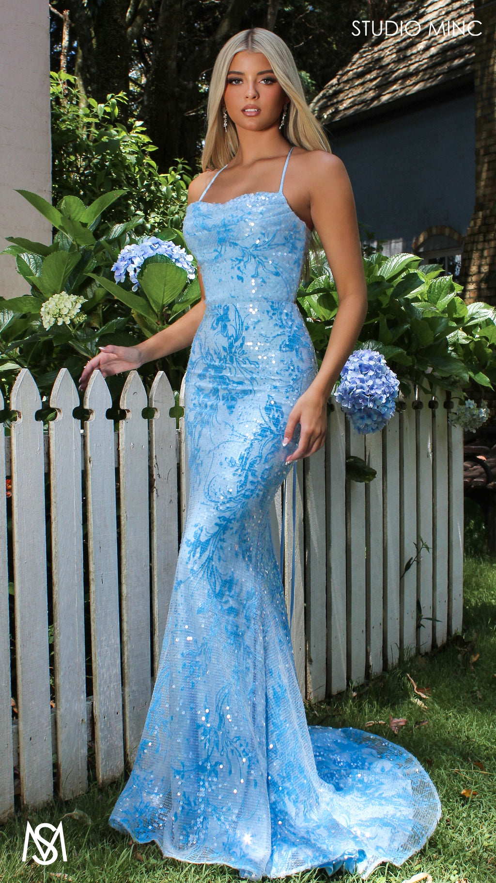 Peony - Light Blue Formal Dress | Two tone floral sequin fitted mermaid lace up