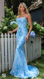 Peony - Light Blue Formal Dress | Two tone floral sequin fitted mermaid lace up