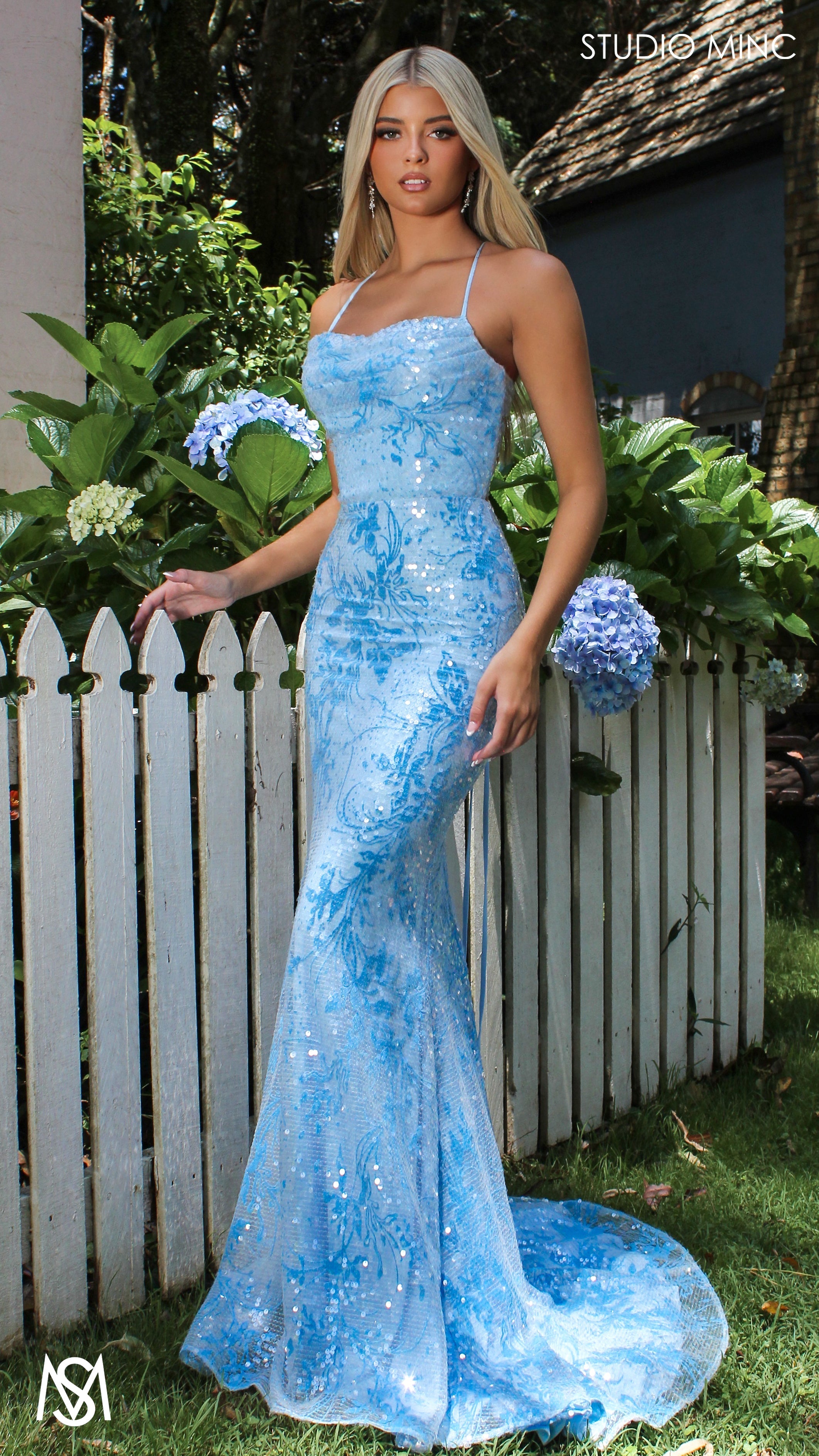 Peony - Light Blue Formal Dress | Two tone floral sequin fitted mermaid lace up