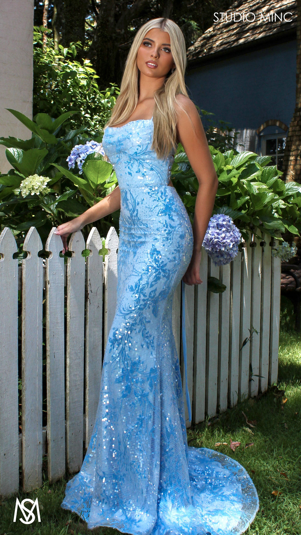 Peony - Light Blue Formal Dress | Two tone floral sequin fitted mermaid lace up