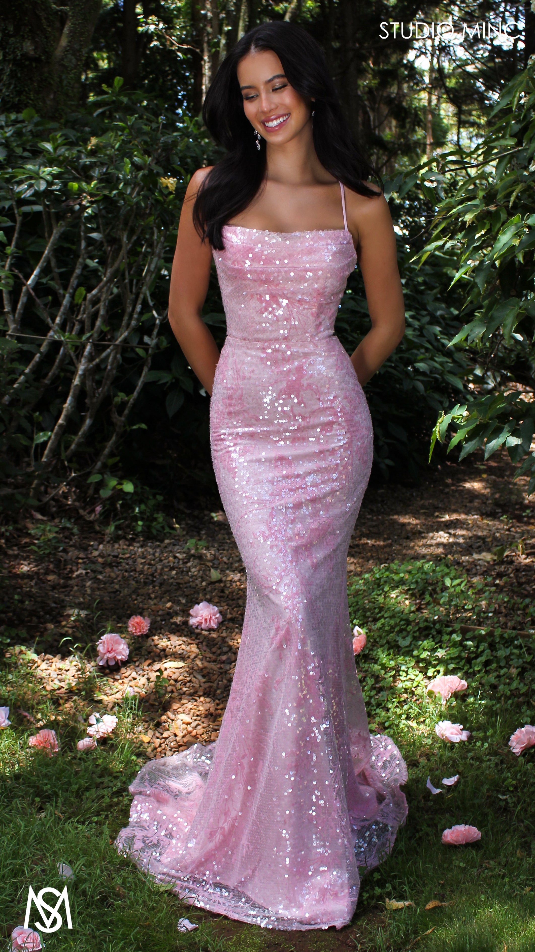 Peony - Light pink Formal Dress | Two tone floral sequin fitted mermaid lace up
