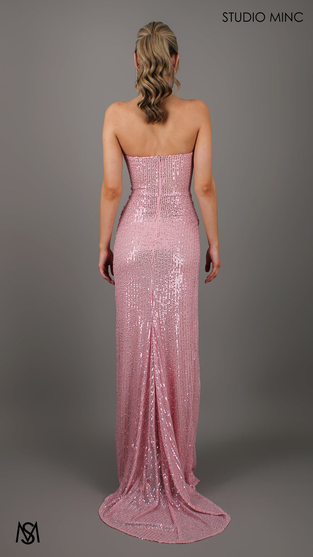 MUSE - Blush Pink Sequin Formal Dress with Strapless Corset & Leg Split