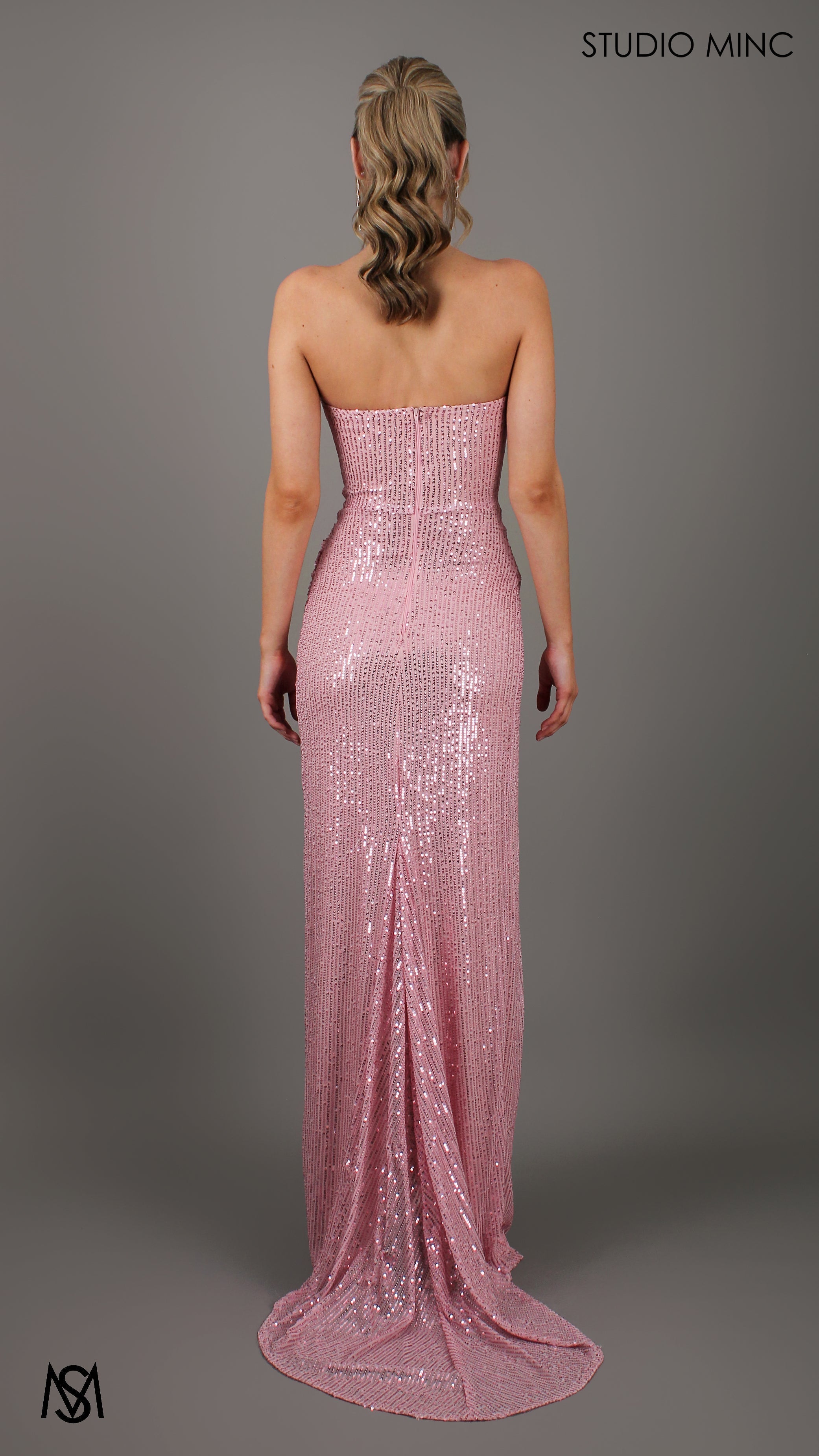 MUSE - Blush Pink Sequin Formal Dress with Strapless Corset & Leg Split