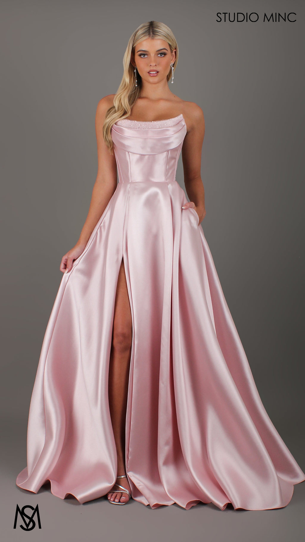 Honey - Light Pink formal Dress | Strapless corset pearl detail Mikado satin ball gown