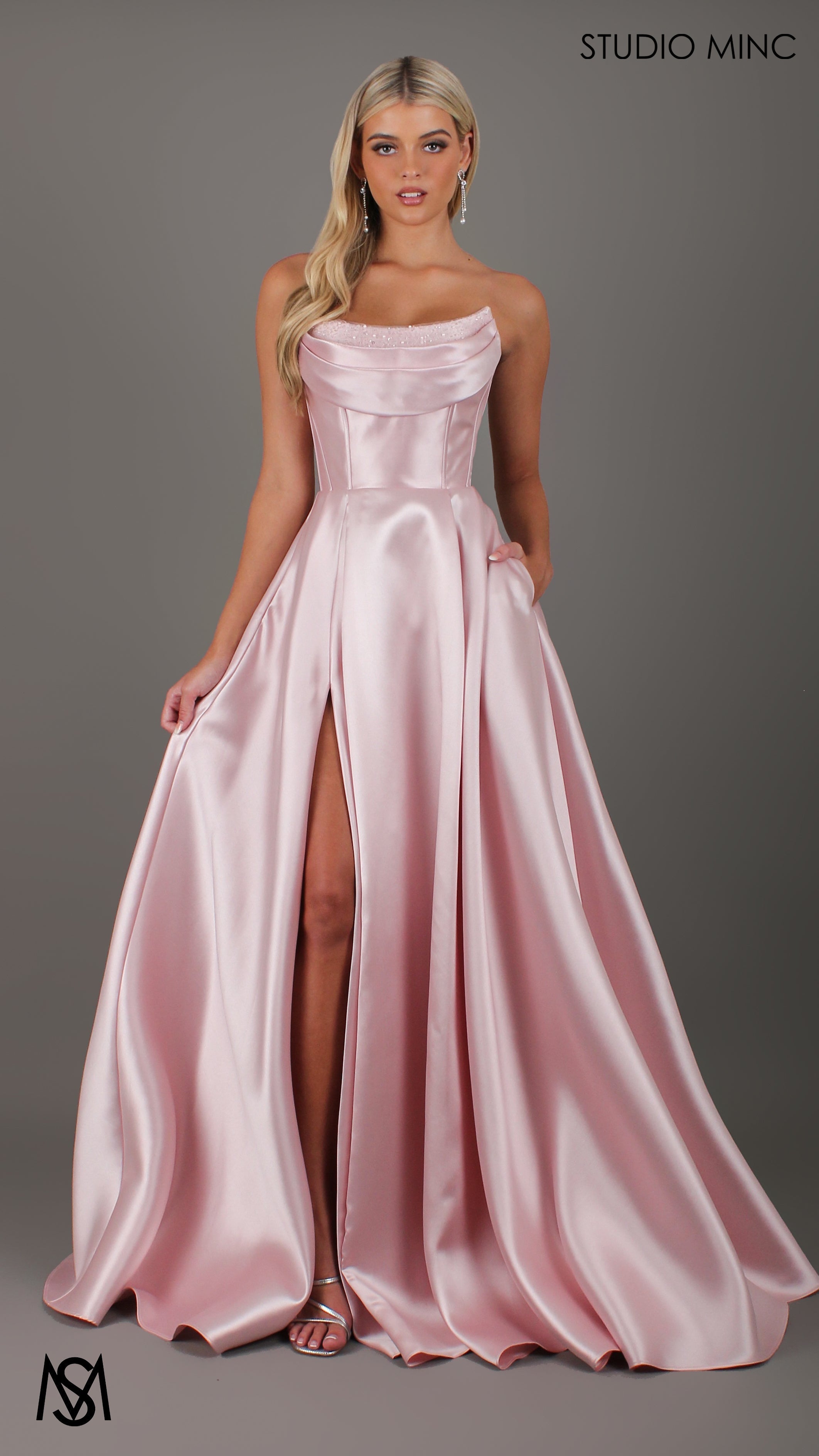 Honey - Light Pink formal Dress | Strapless corset pearl detail Mikado satin ball gown