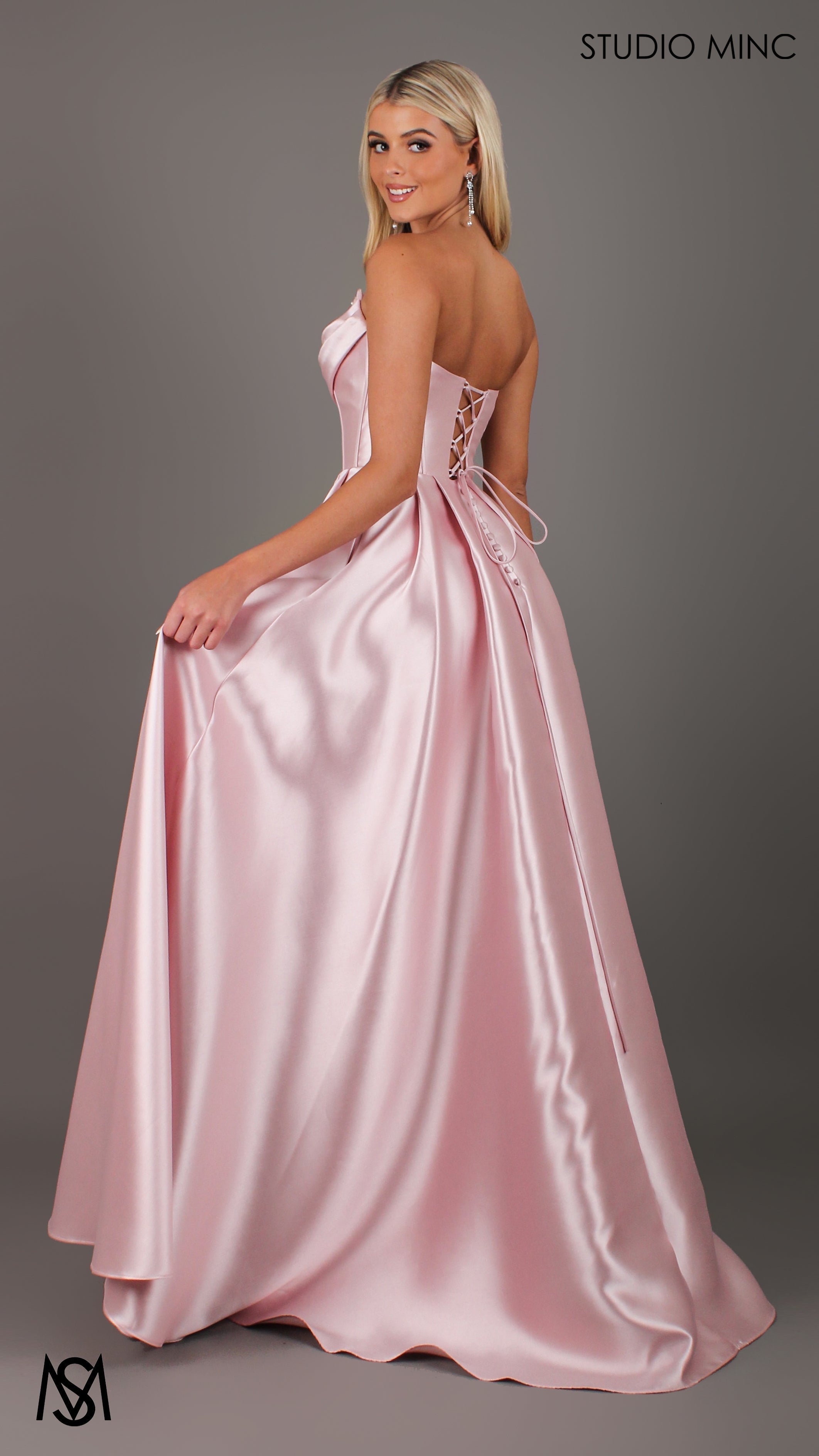 Honey - Light Pink formal Dress | Strapless corset pearl detail Mikado satin ball gown