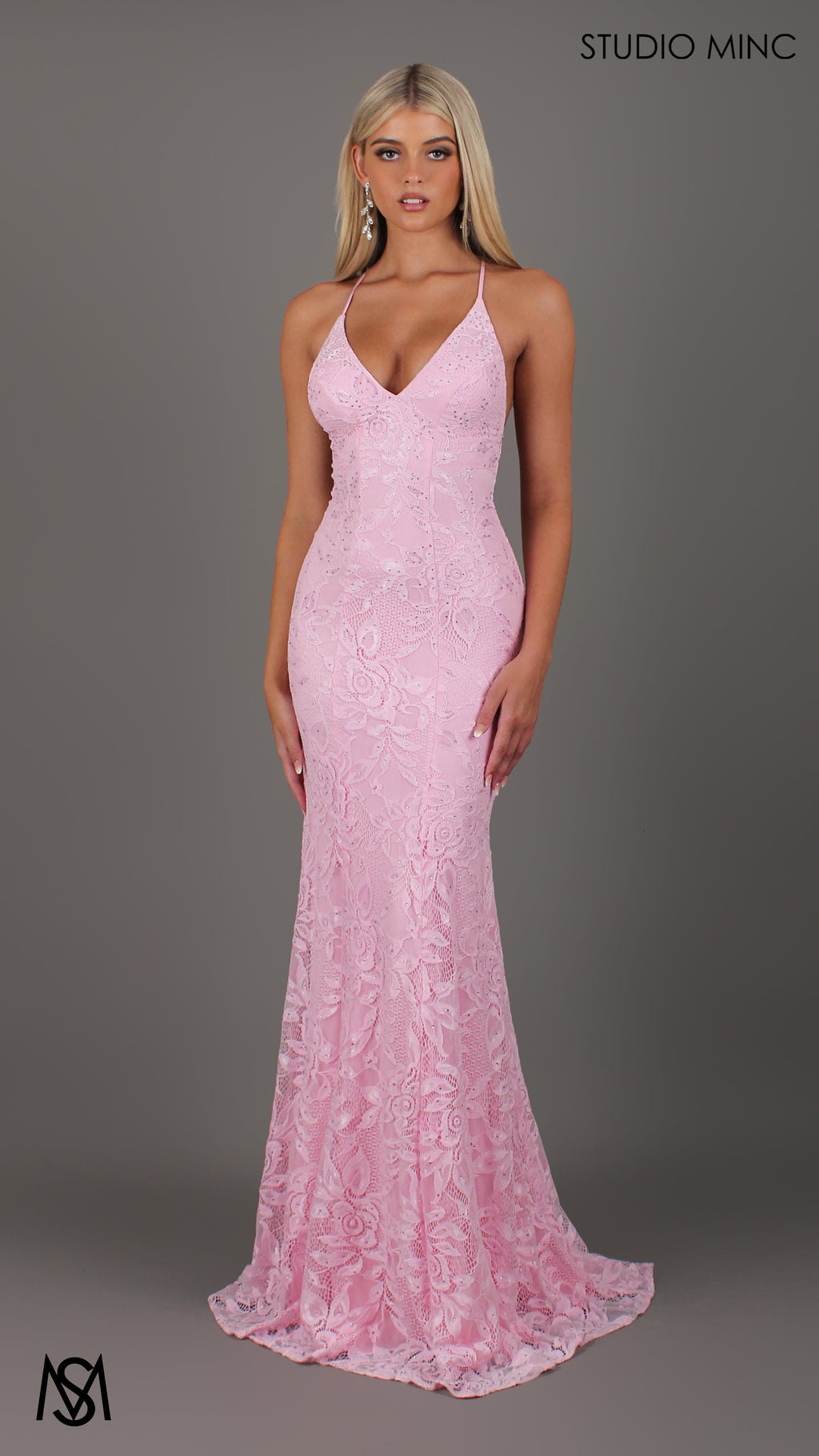 Jasmine - Light Pink formal dress | lace V neckline fitted mermaid lace up