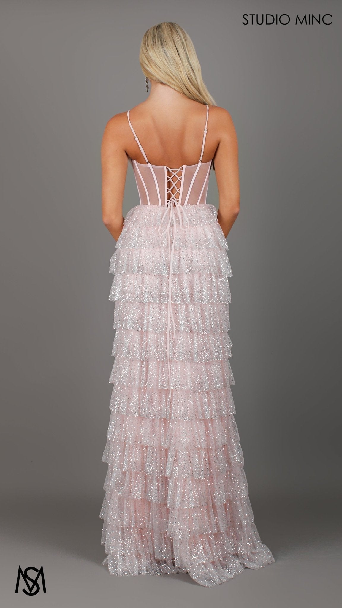 Maple - Light Pink Formal Dress | Sheer Corset layered glitter tulle leg slit