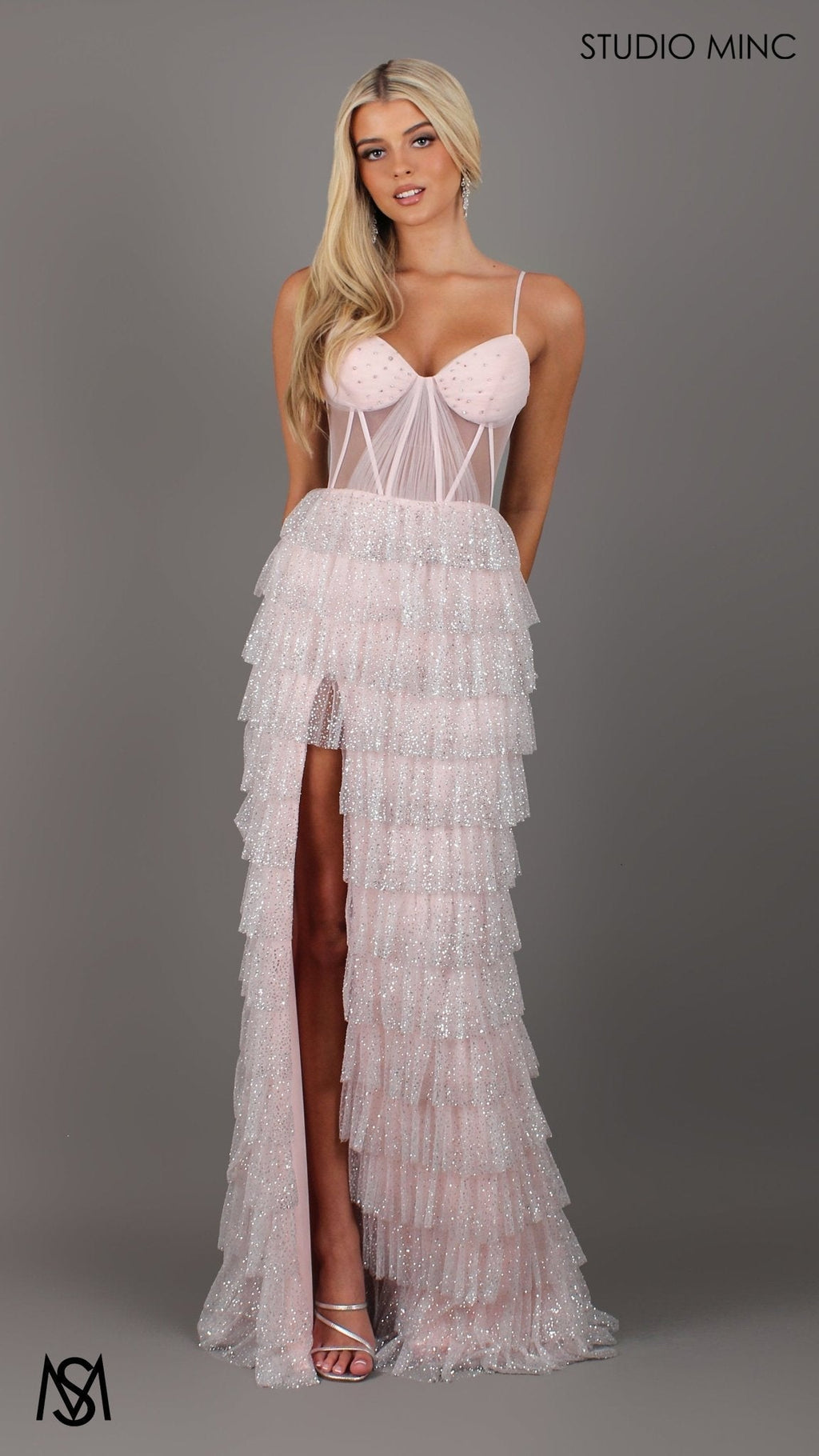 Maple - Light Pink Formal Dress | Sheer Corset layered glitter tulle leg slit