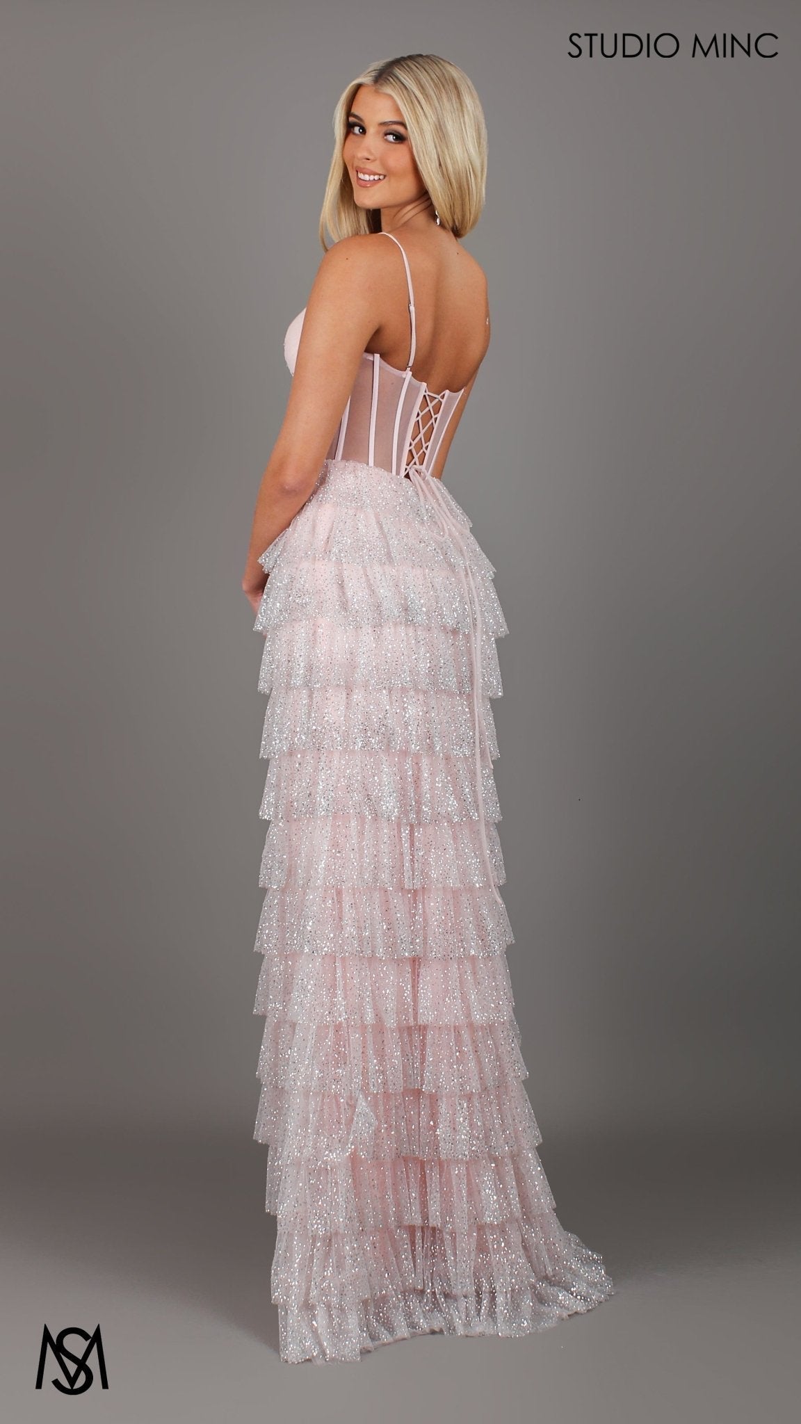 Maple - Light Pink Formal Dress | Sheer Corset layered glitter tulle leg slit