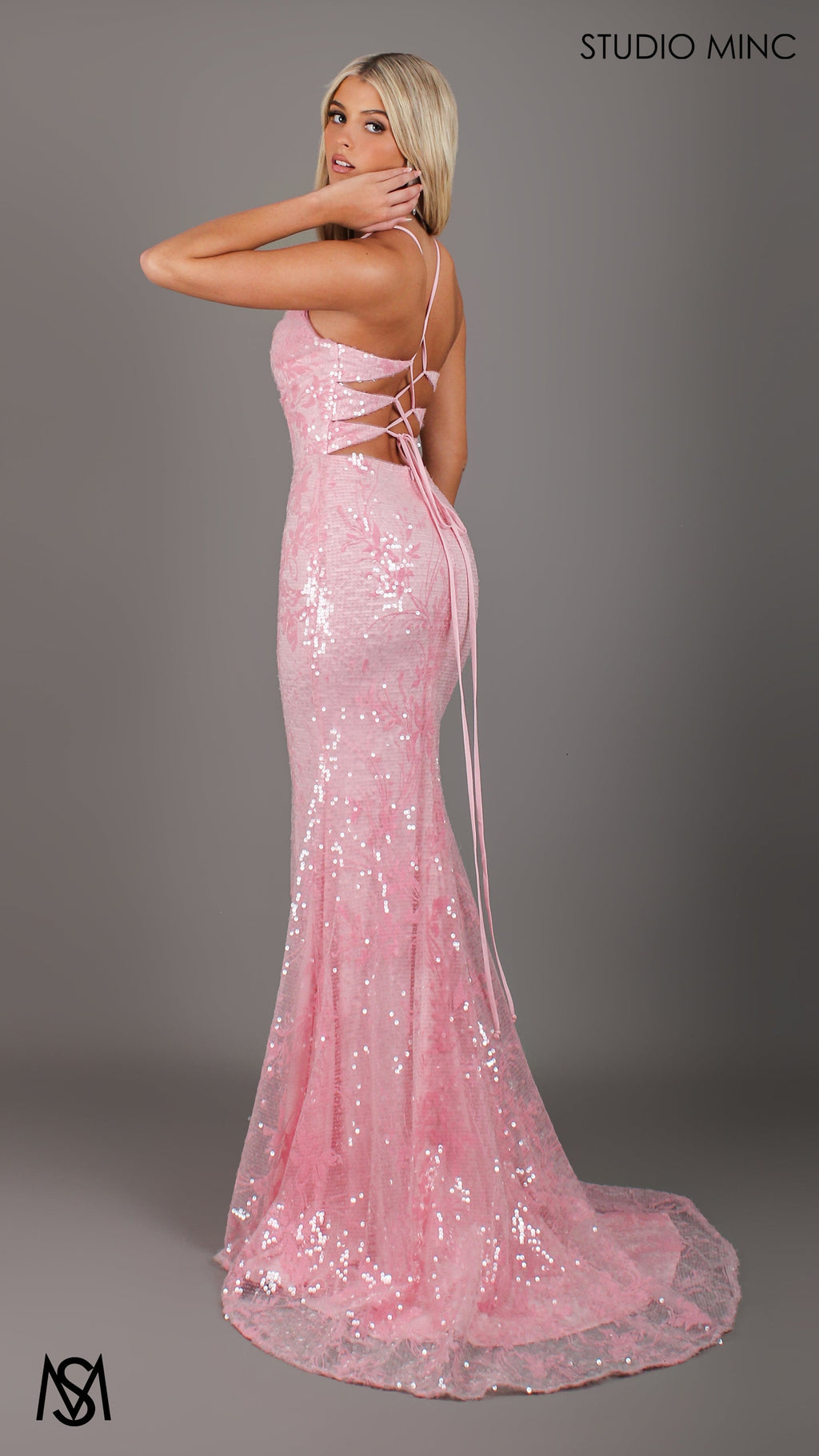 Peony - Light pink Formal Dress | Two tone floral sequin fitted mermaid lace up