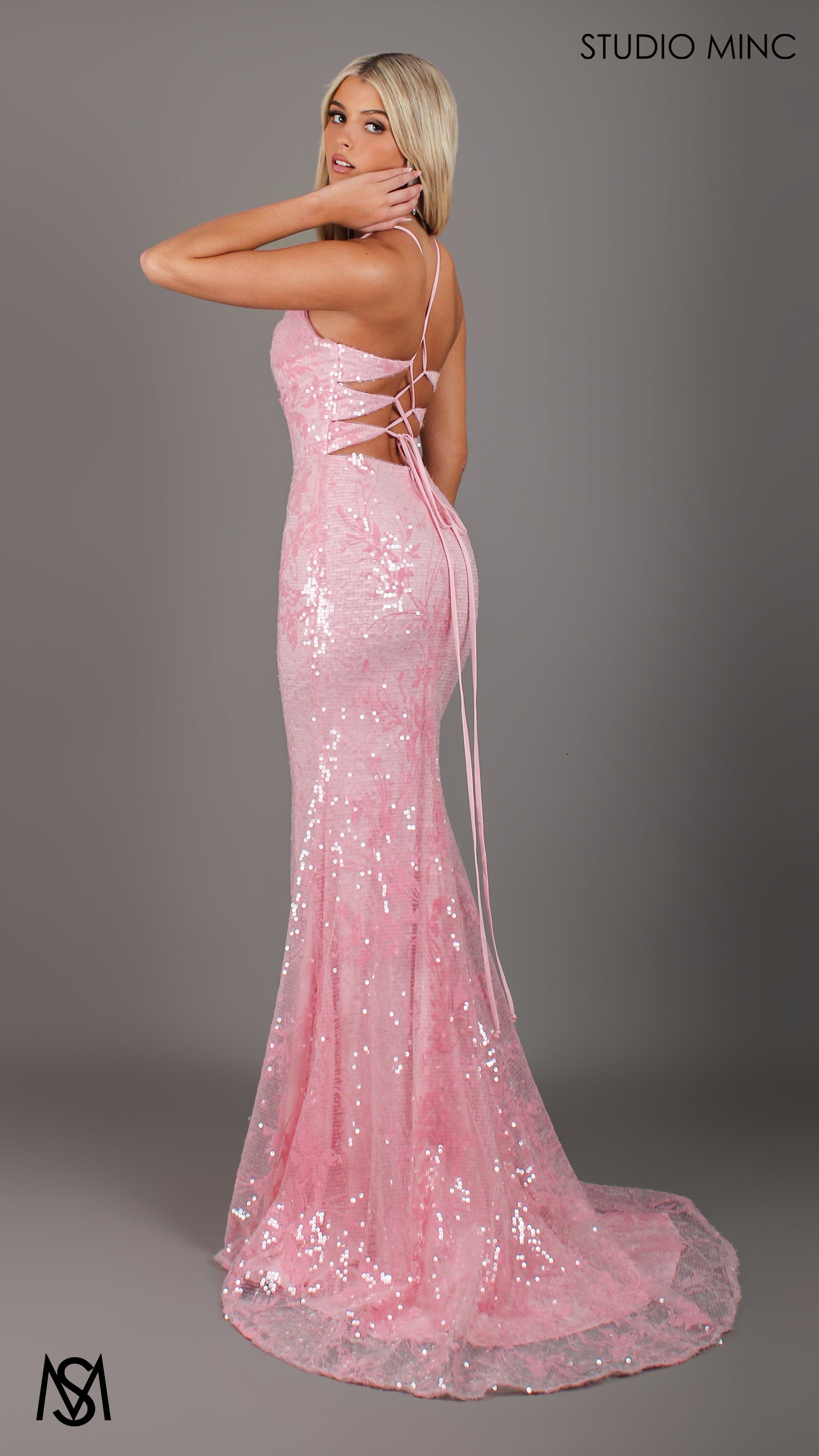 Peony - Light pink Formal Dress | Two tone floral sequin fitted mermaid lace up