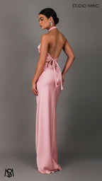 Jewel - Blush Pink Formal Dress, Satin High Neck Plunge, Diamante choker, Backless