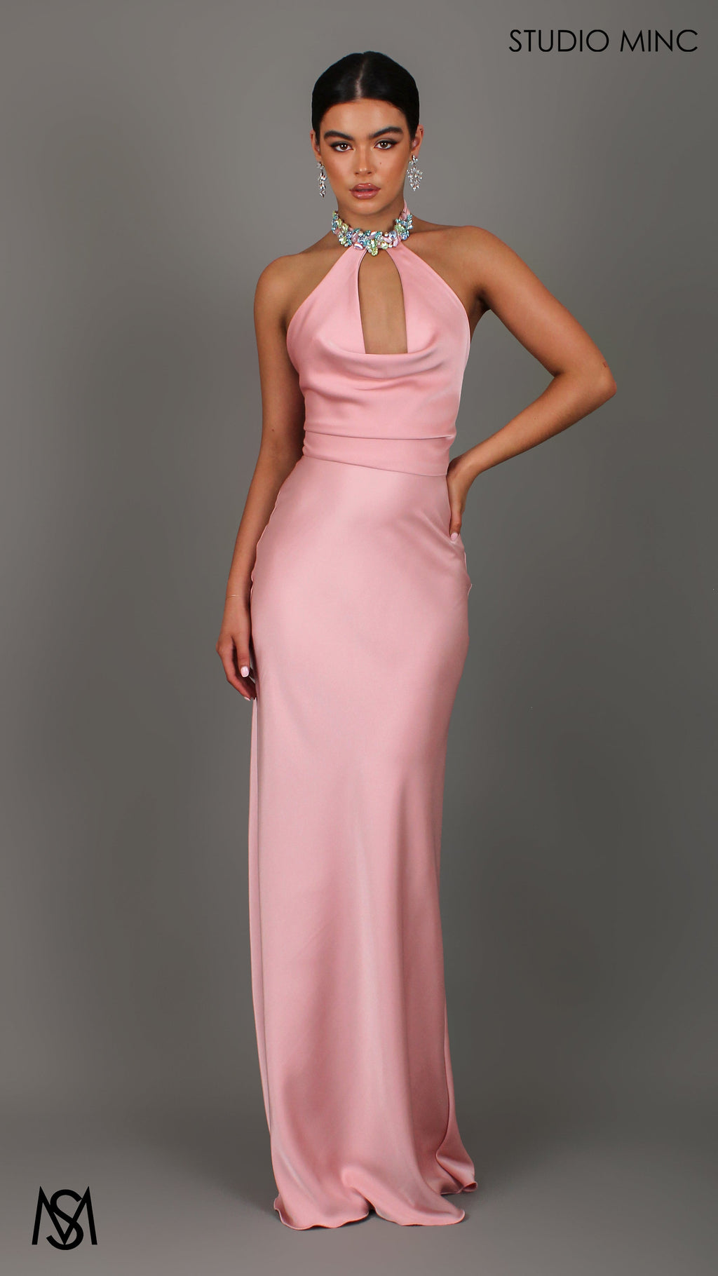 Jewel - Blush Pink Formal Dress, Satin High Neck Plunge, Diamante choker, Backless