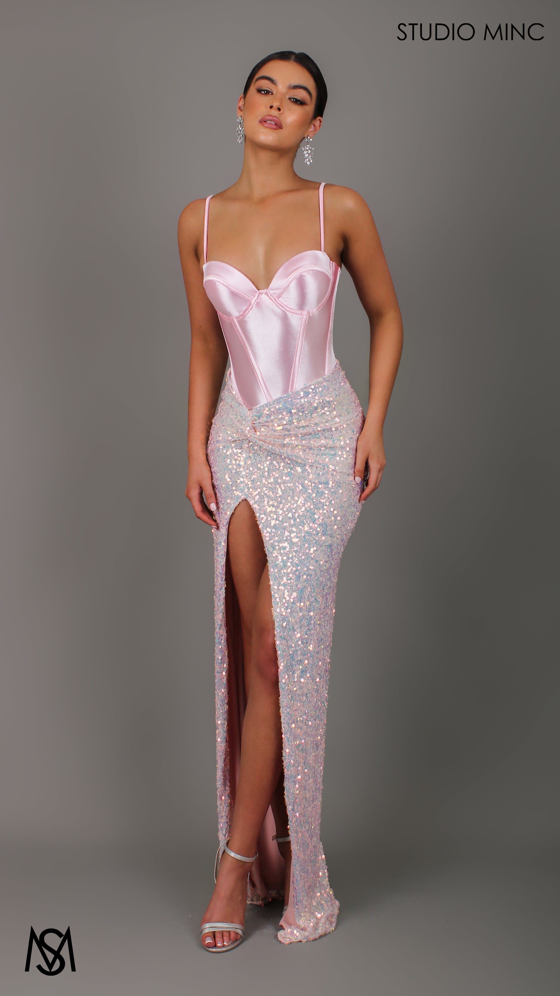 Allure - Pink Formal Dress, Satin Bra Cup Corset, Sequin Fitted Skirt, Leg Split