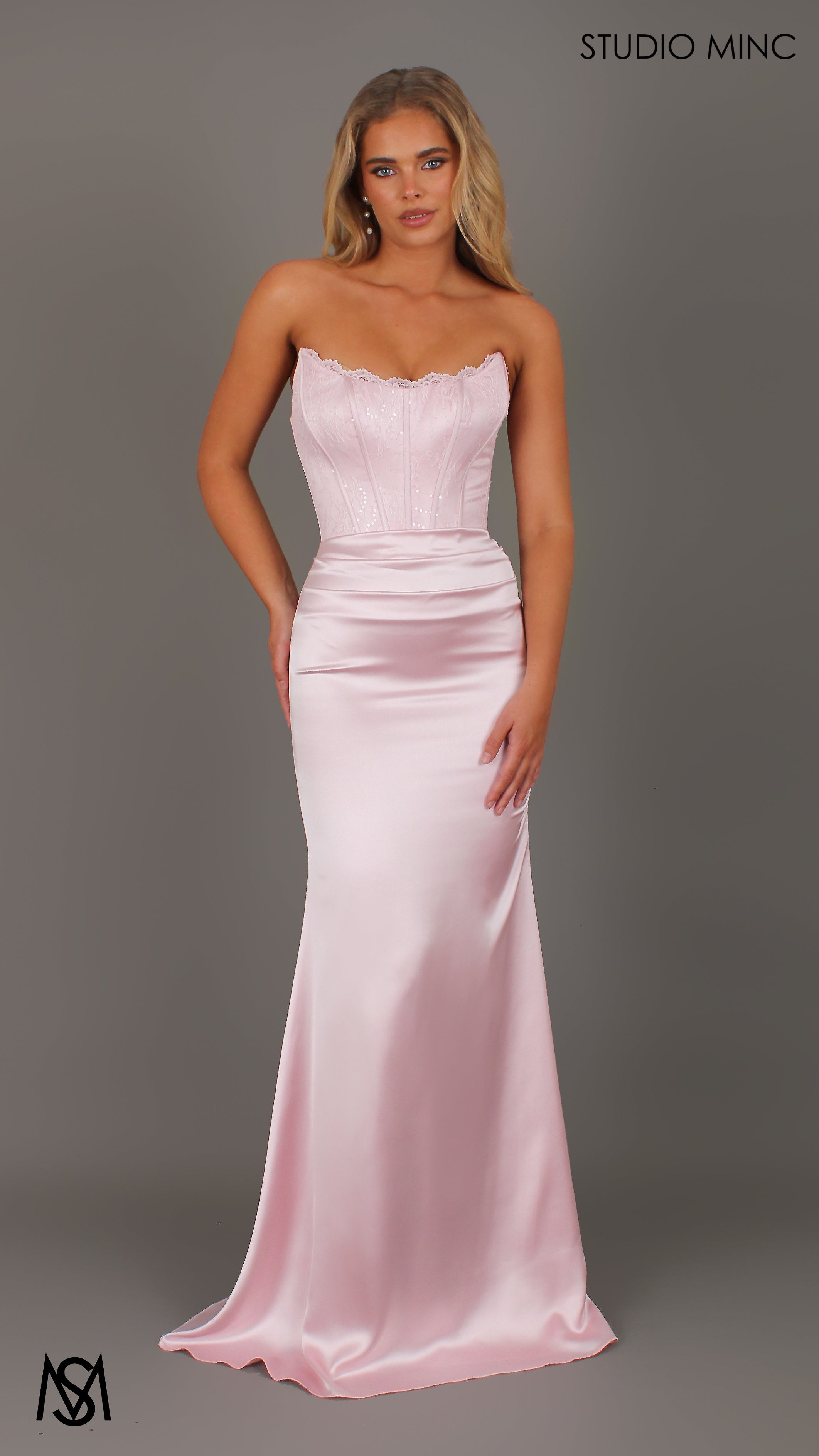 Bella - Pink Formal Dress, Strapless lace Corset, fitted pleated satin skirt