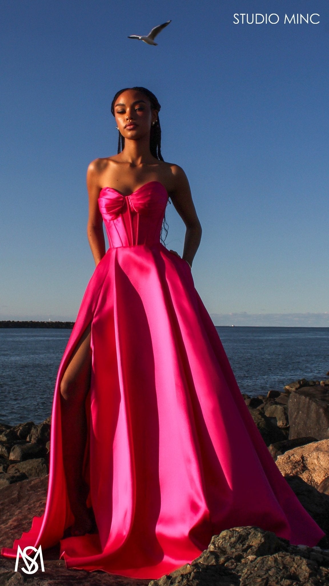 Capri - Hot Pink Formal Dress, satin strapless boned corset lace up gown pockets leg slit