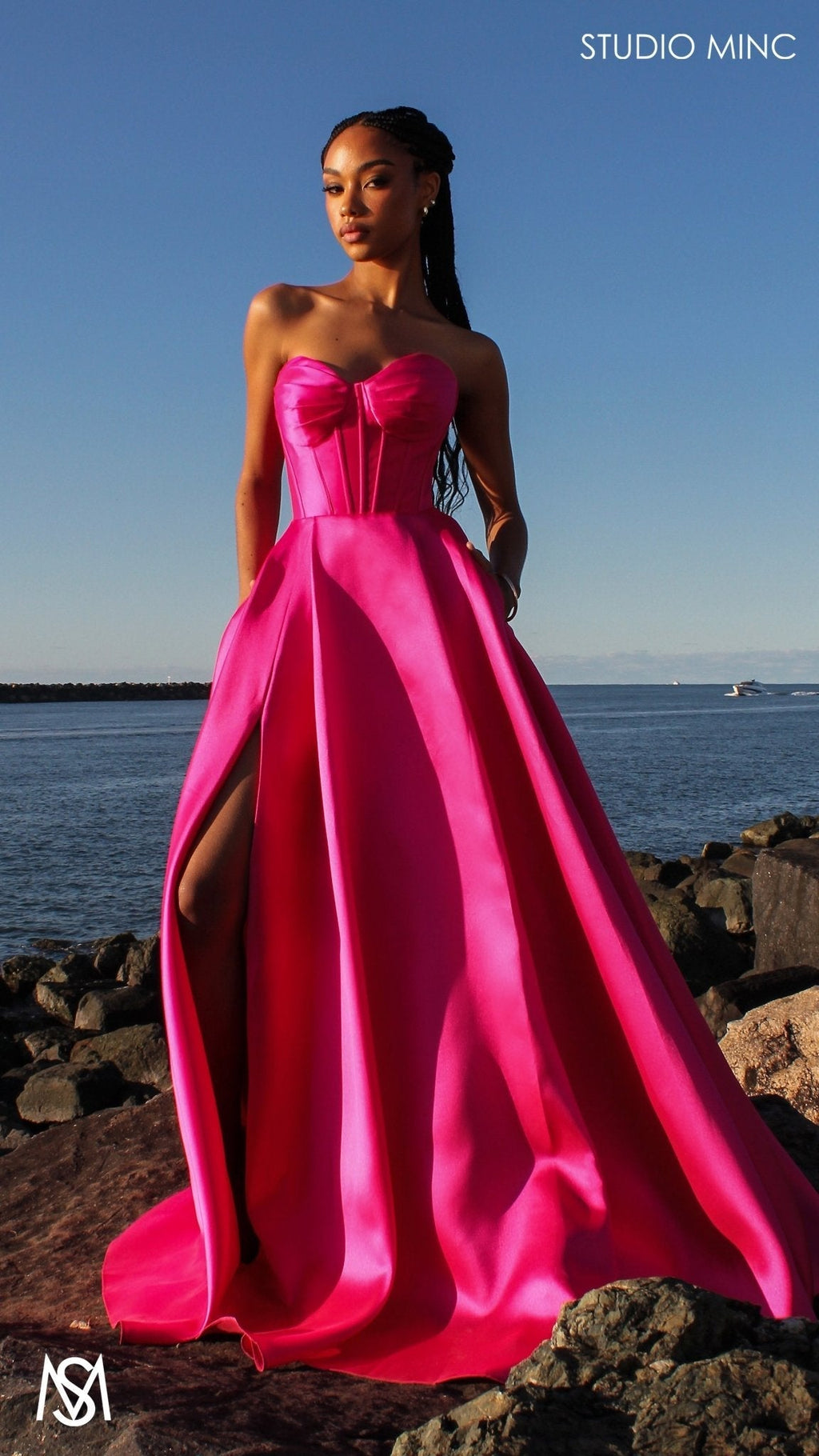 Capri - Hot Pink Formal Dress, satin strapless boned corset lace up gown pockets leg slit