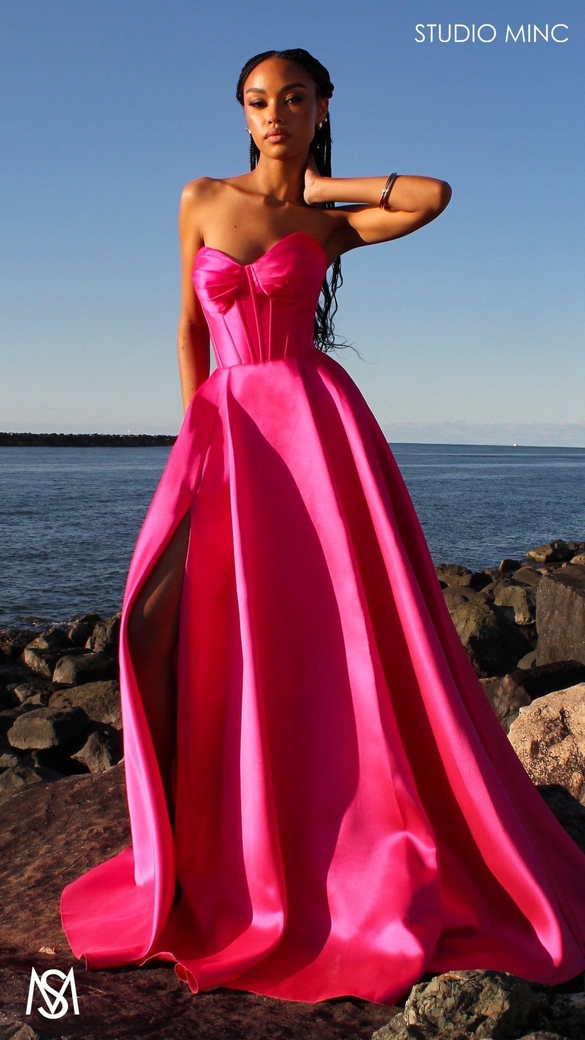Capri - Hot Pink Formal Dress, satin strapless boned corset lace up gown pockets leg slit