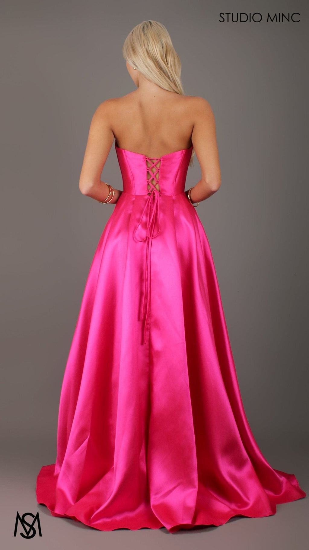 Capri - Hot Pink Formal Dress, satin strapless boned corset lace up gown pockets leg slit