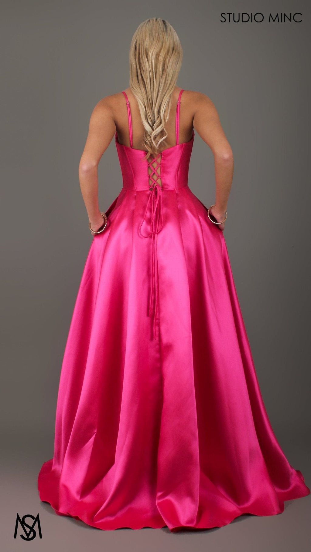 Capri - Hot Pink Formal Dress, satin strapless boned corset lace up gown pockets leg slit