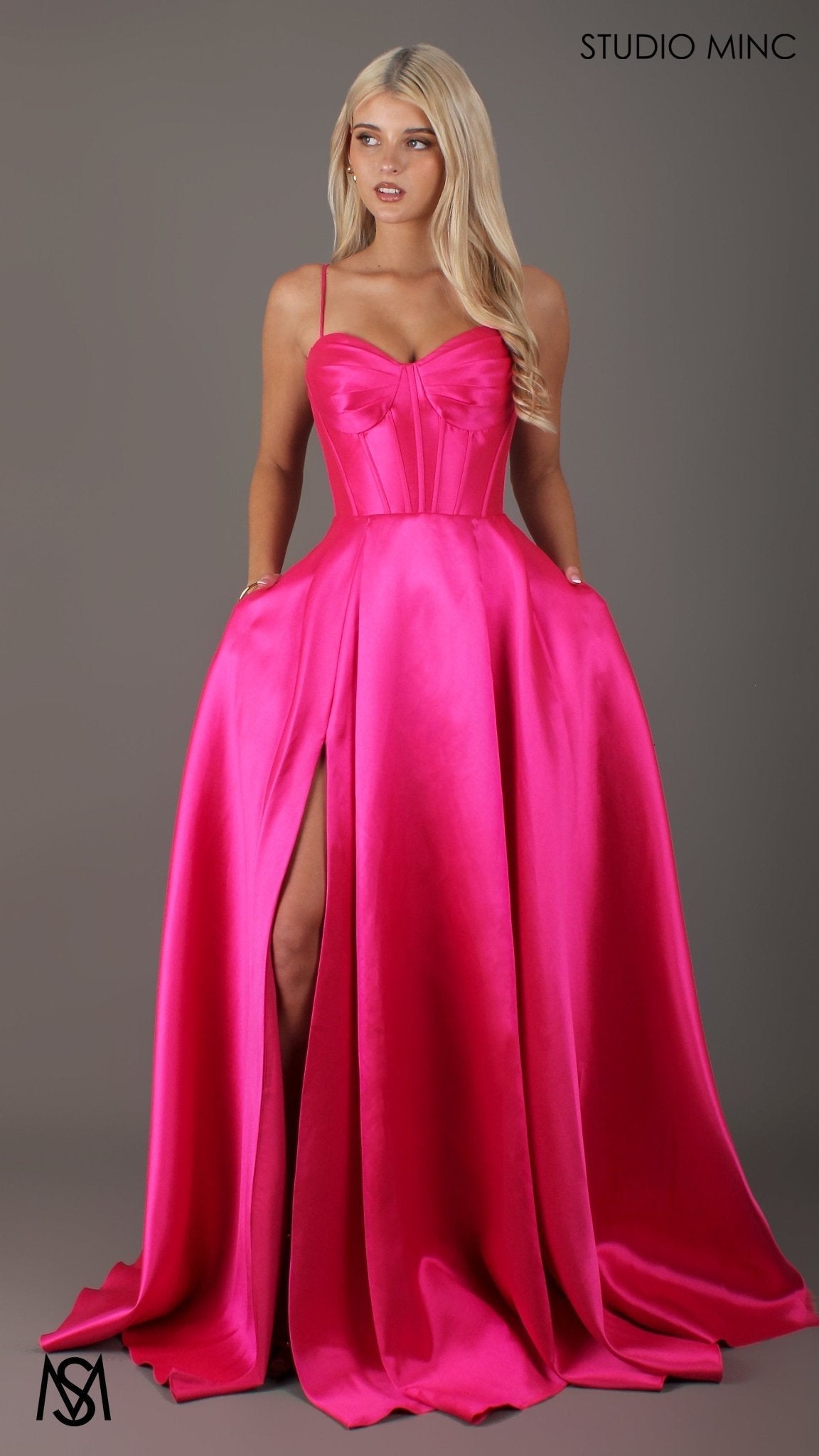 Capri - Hot Pink Formal Dress, satin strapless boned corset lace up gown pockets leg slit