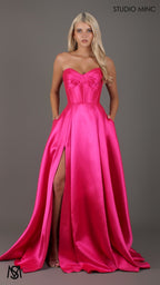 Capri - Hot Pink Formal Dress, satin strapless boned corset lace up gown pockets leg slit