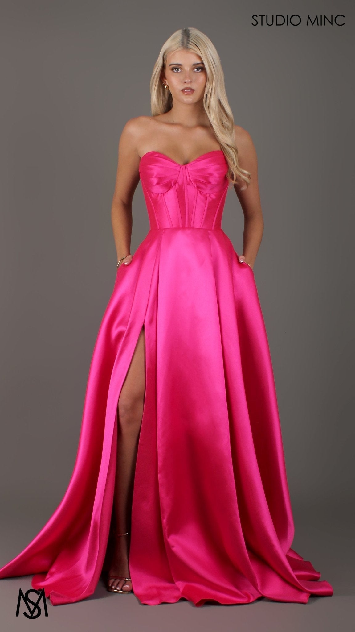 Capri - Hot Pink Formal Dress, satin strapless boned corset lace up gown pockets leg slit