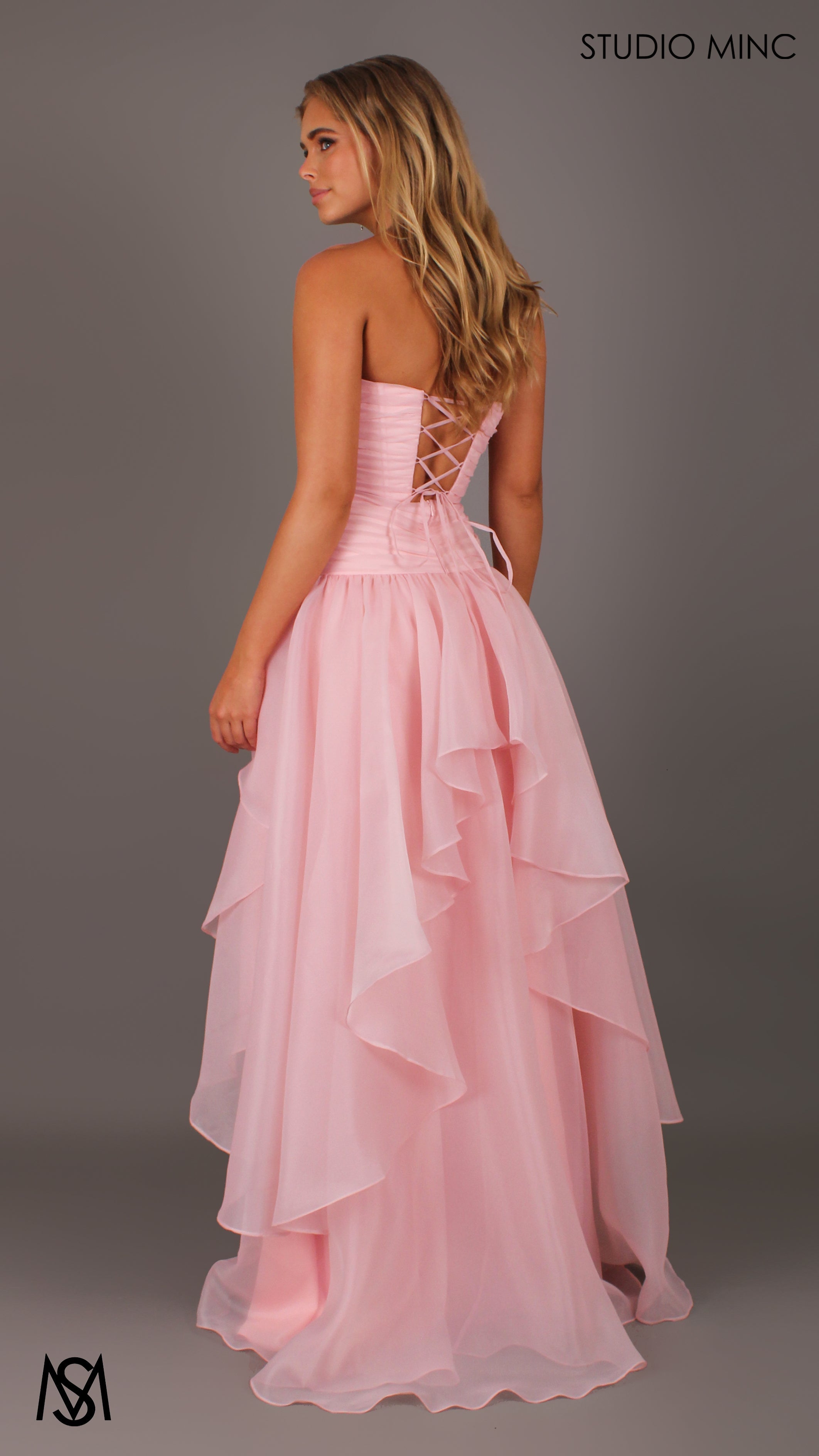 Daisy - Pink Formal Dress, Strapless Corset Drop-waist, organza layered handkerchief skirt, leg slit