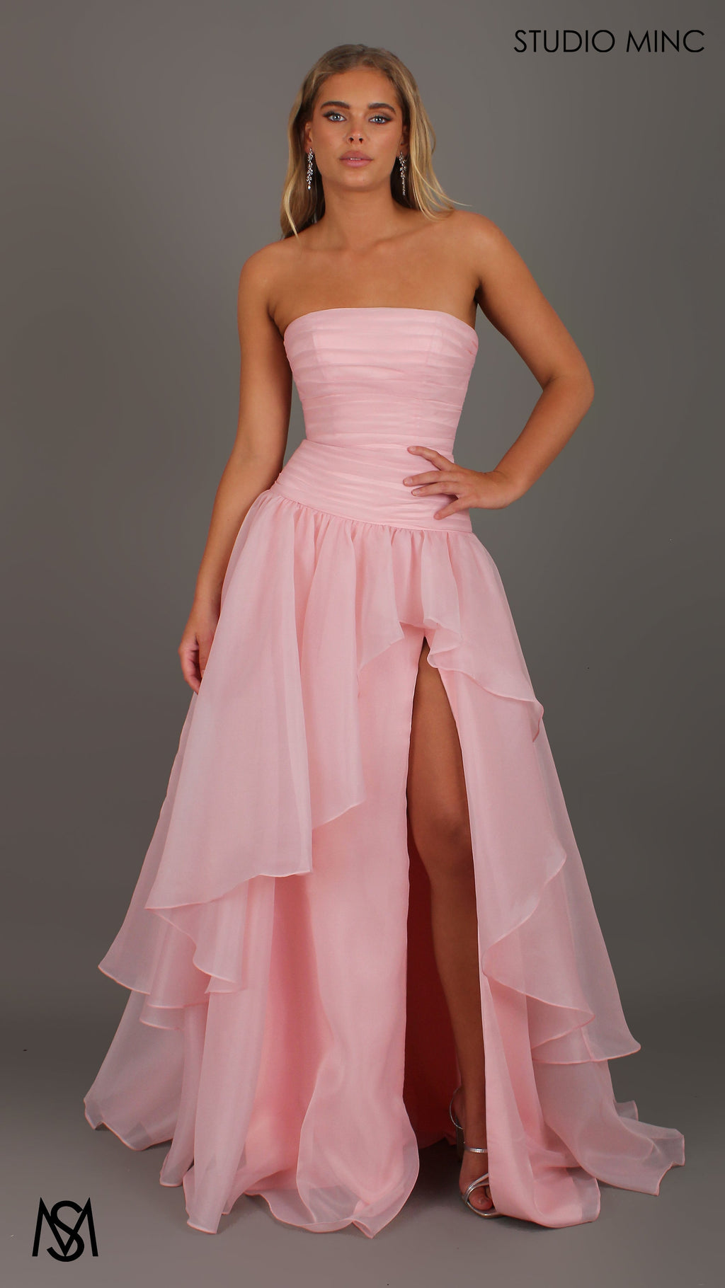 Daisy - Pink Formal Dress, Strapless Corset Drop-waist, organza layered handkerchief skirt, leg slit
