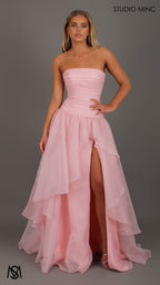 Daisy - Pink Formal Dress, Strapless Corset Drop-waist, organza layered handkerchief skirt, leg slit