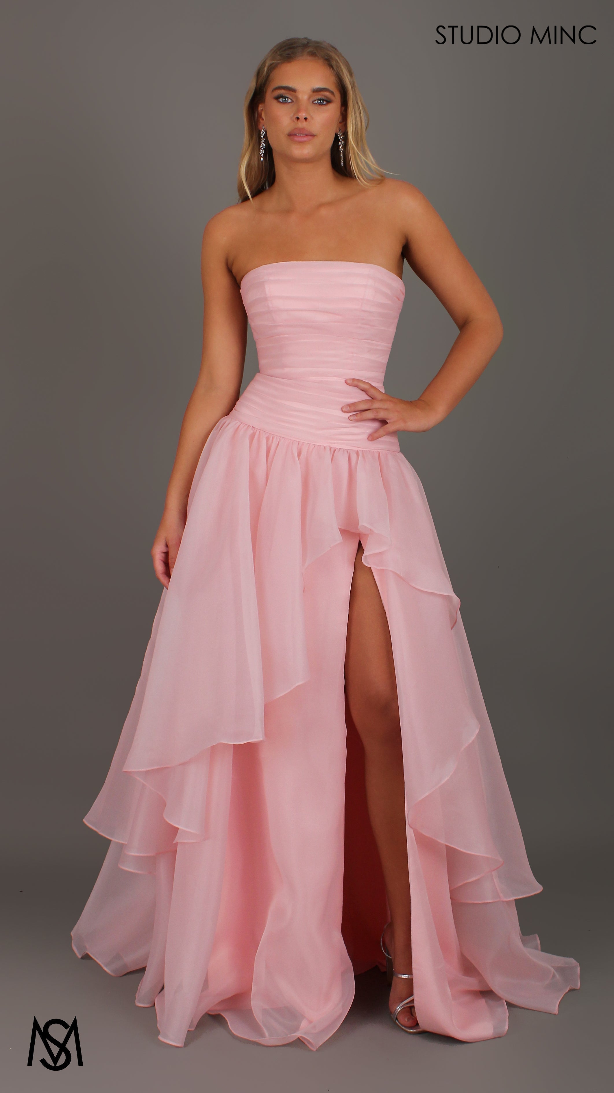 Daisy - Pink Formal Dress, Strapless Corset Drop-waist, organza layered handkerchief skirt, leg slit