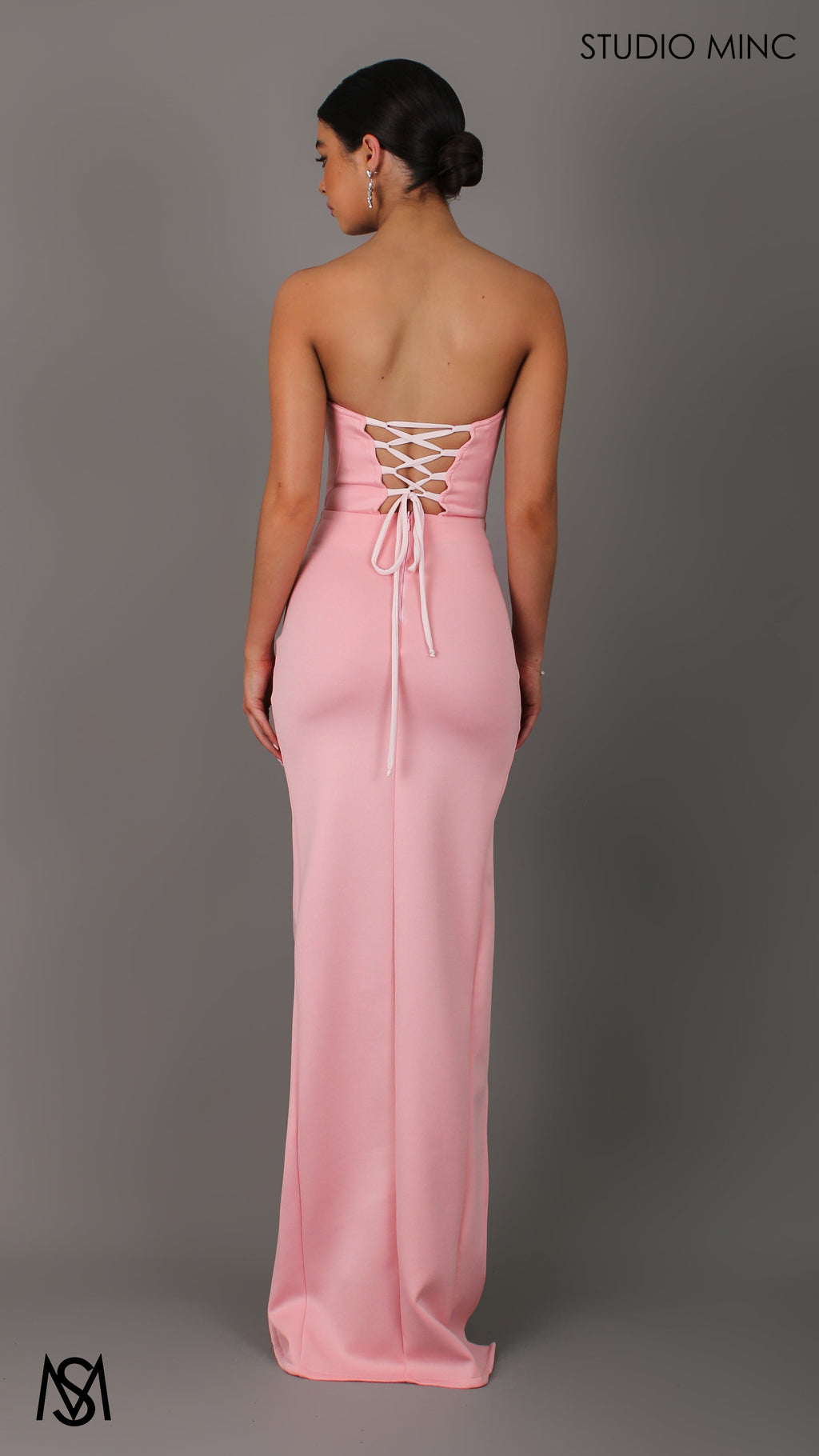 Iris - Pink Formal Dress, Satin Strapless Corset Lace Up Fitted Leg Split