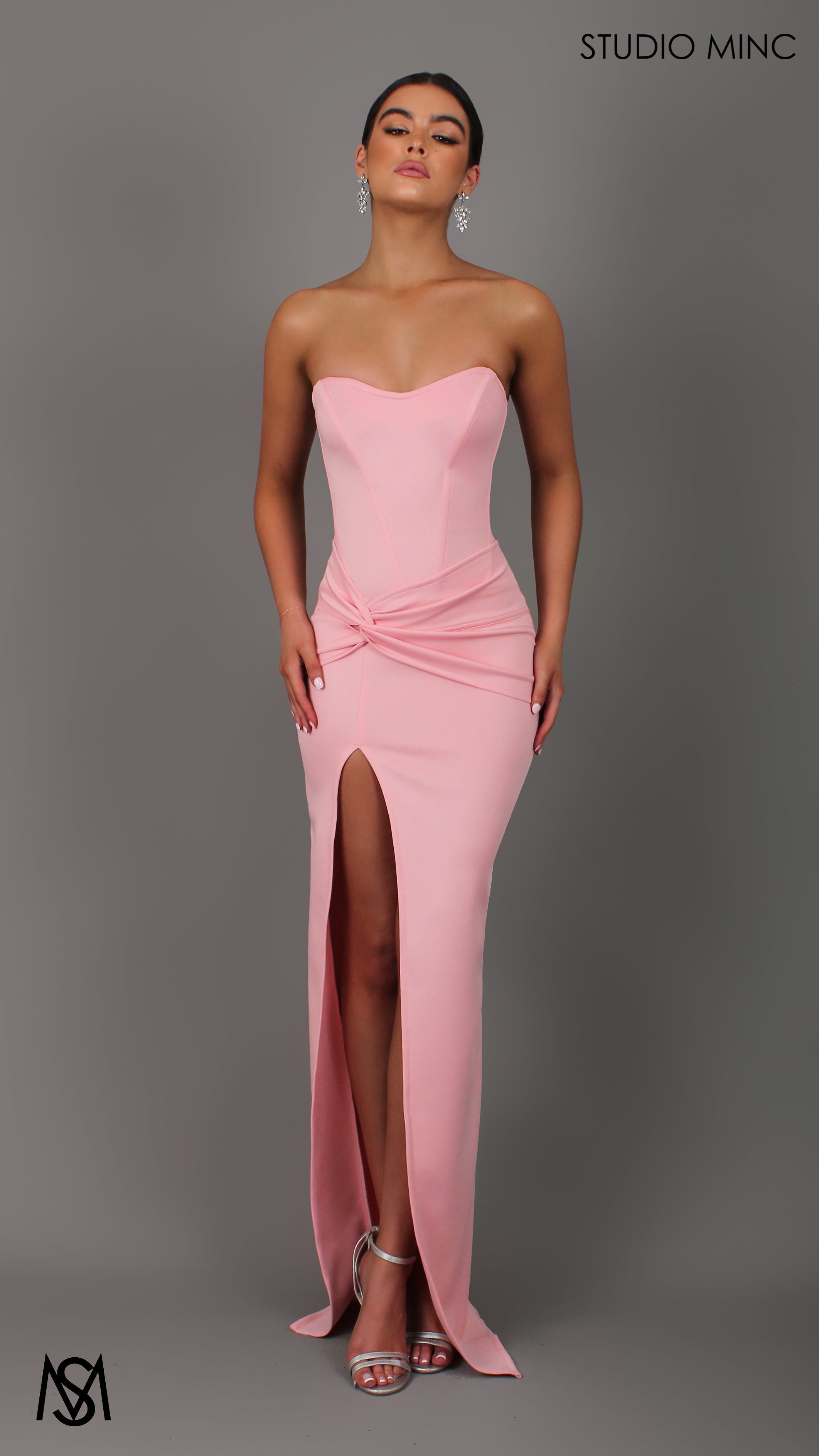 Iris - Pink Formal Dress, Satin Strapless Corset Lace Up Fitted Leg Split