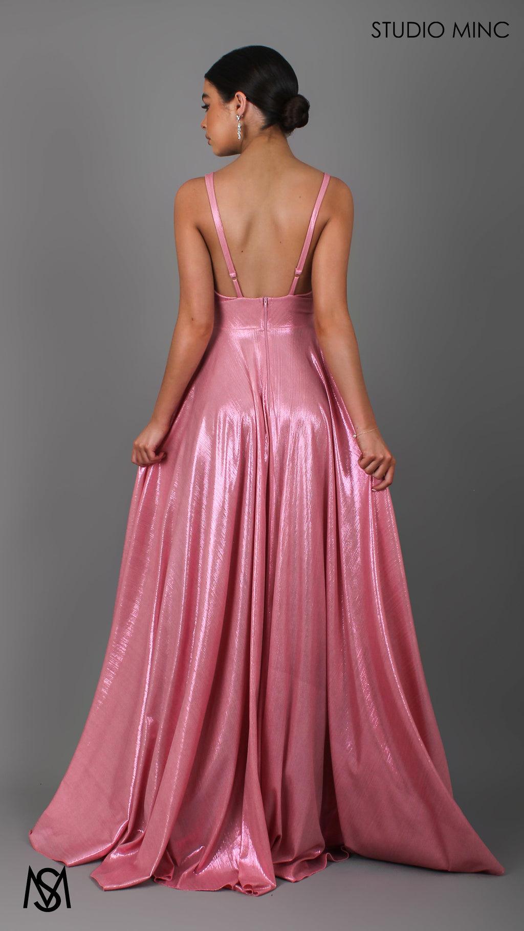 Lustre - Pink Formal Dress, Metallic V Plunge Neckline with leg Split
