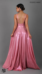 Lustre - Pink Formal Dress, Metallic V Plunge Neckline with leg Split