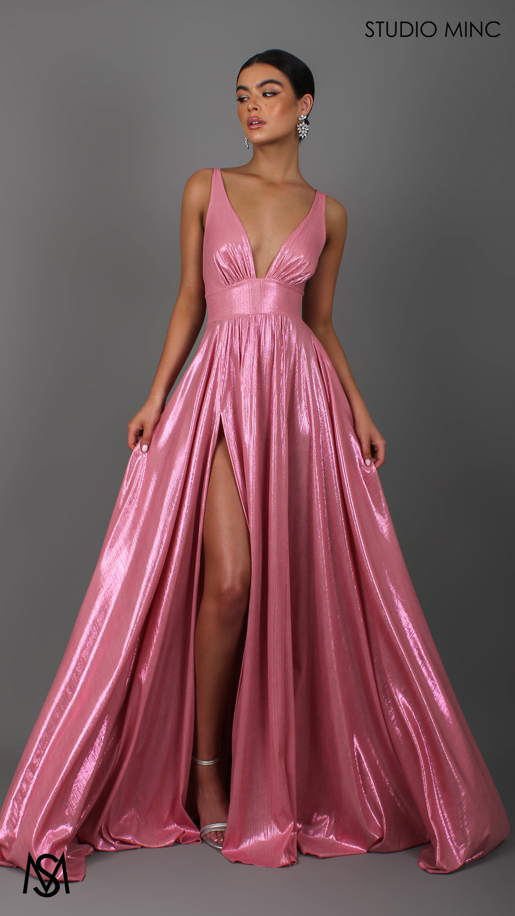 Lustre - Pink Formal Dress, Metallic V Plunge Neckline with leg Split