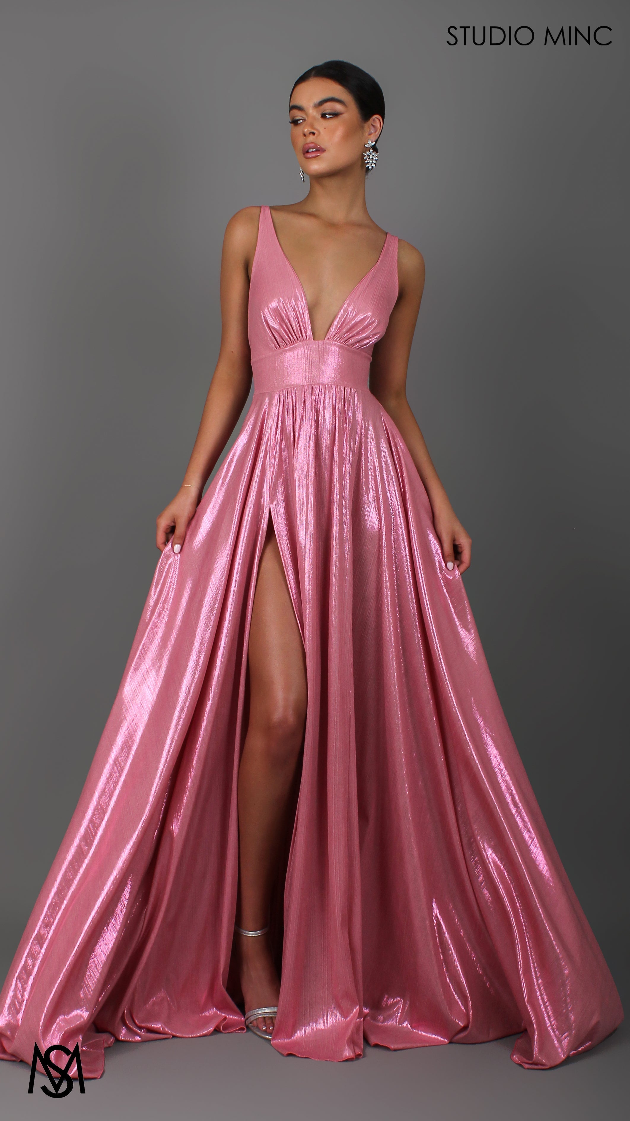 Lustre - Pink Formal Dress, Metallic V Plunge Neckline with leg Split