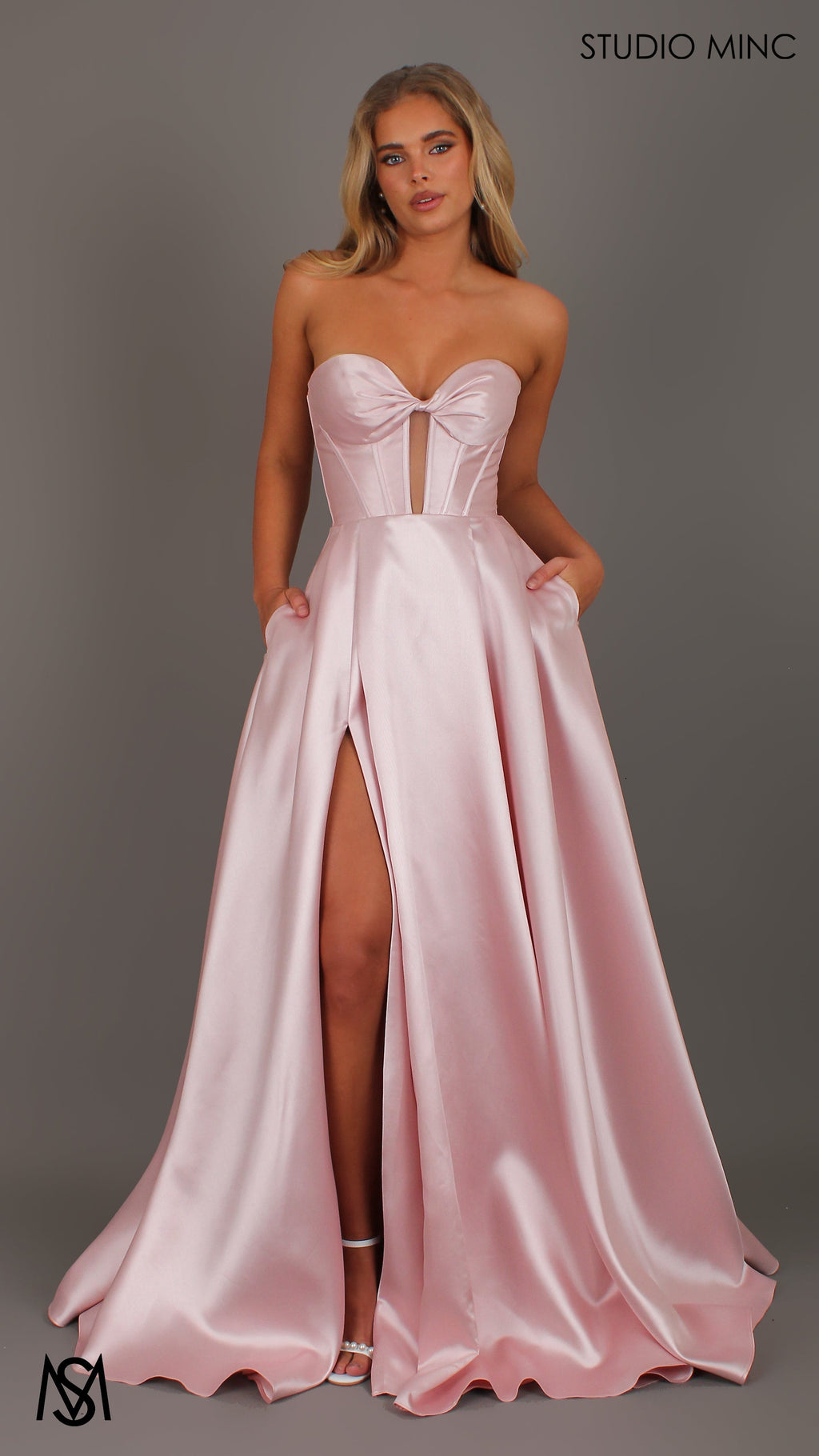 Madeleine - Light Pink formal Dress | Strapless twist corset Mikado satin ball gown