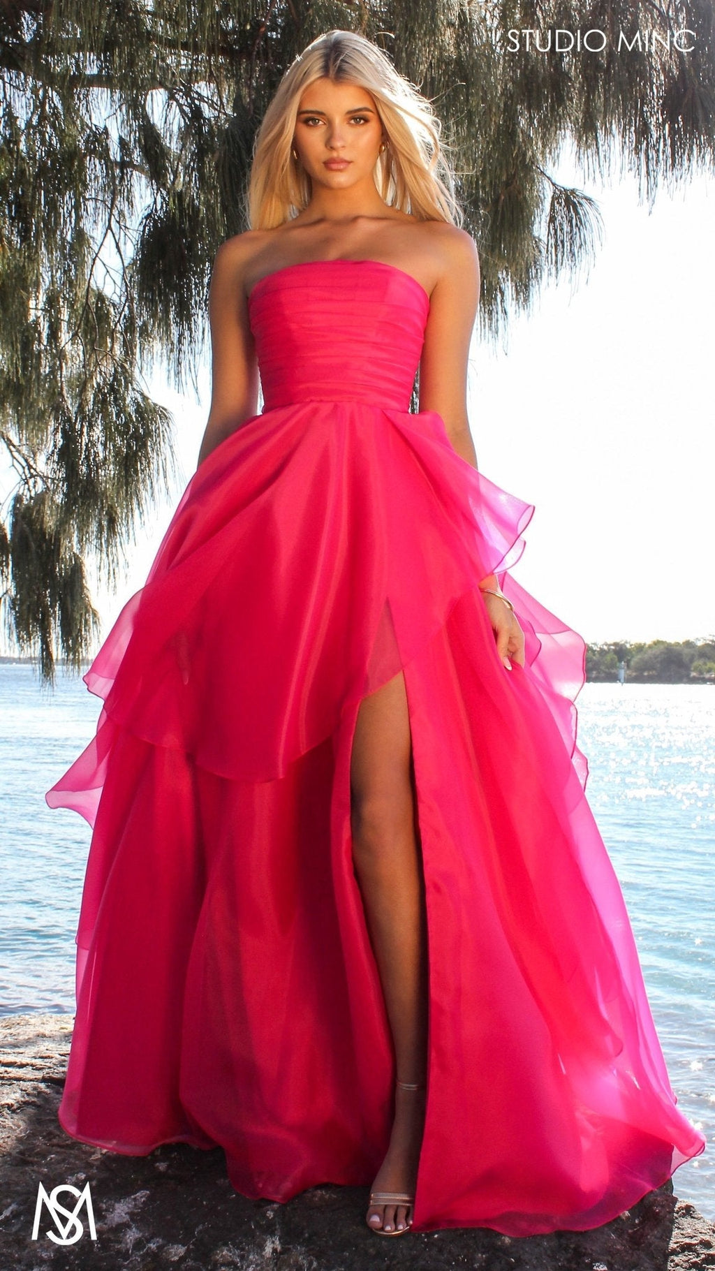 Monaco - Hot Pink Formal Dress | Strapless Corset, Organza layered handkerchief skirt, leg slit