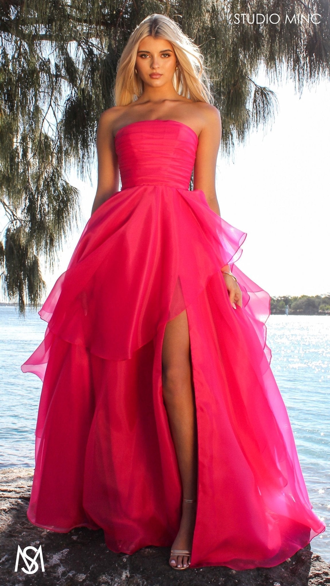 Monaco - Hot Pink Formal Dress | Strapless Corset, Organza layered handkerchief skirt, leg slit