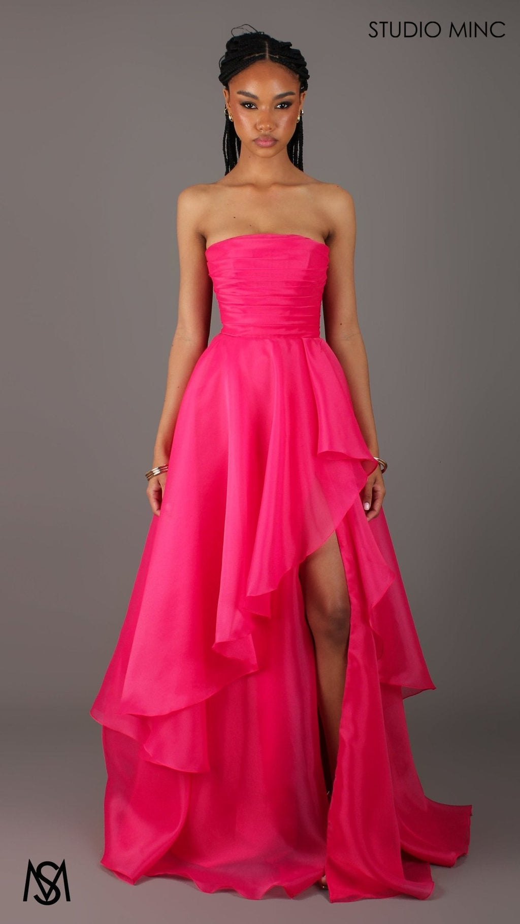 Monaco - Hot Pink Formal Dress | Strapless Corset, Organza layered handkerchief skirt, leg slit