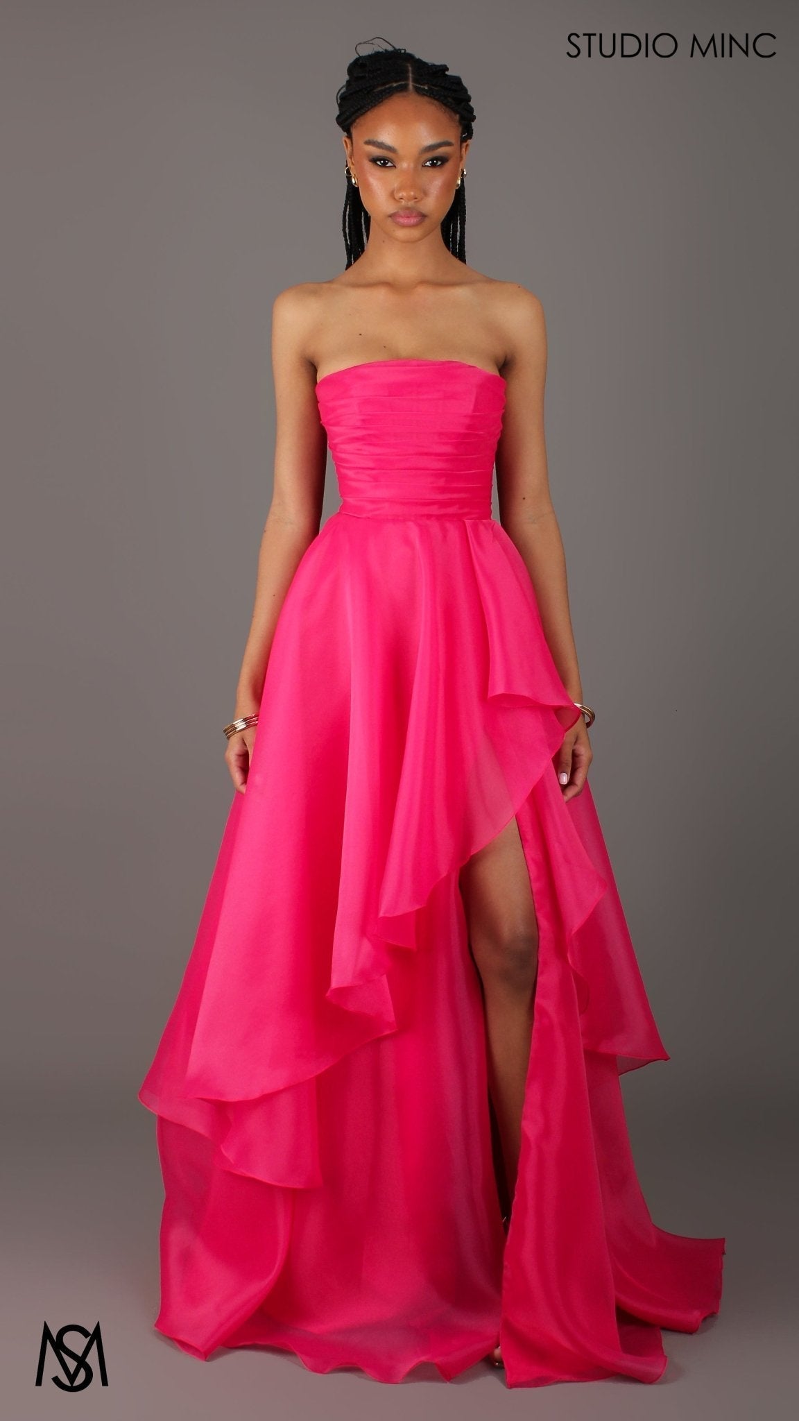 Monaco - Hot Pink Formal Dress | Strapless Corset, Organza layered handkerchief skirt, leg slit