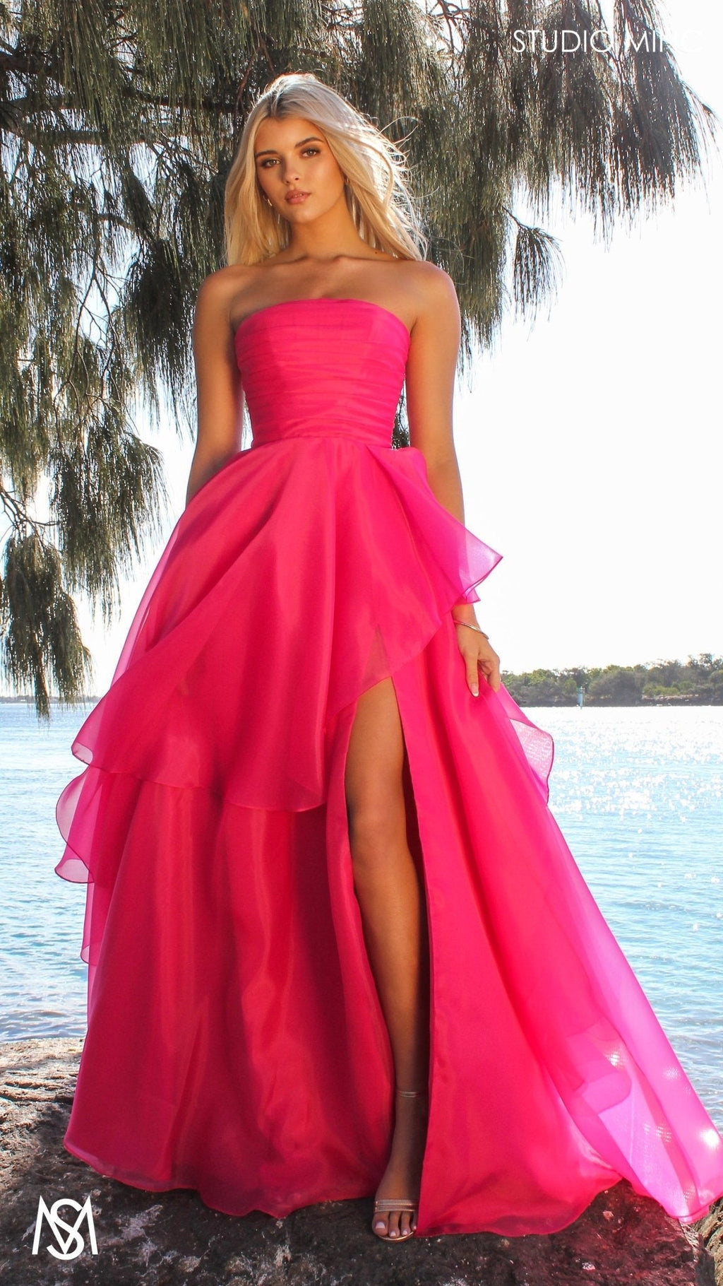 Monaco - Hot Pink Formal Dress | Strapless Corset, Organza layered handkerchief skirt, leg slit