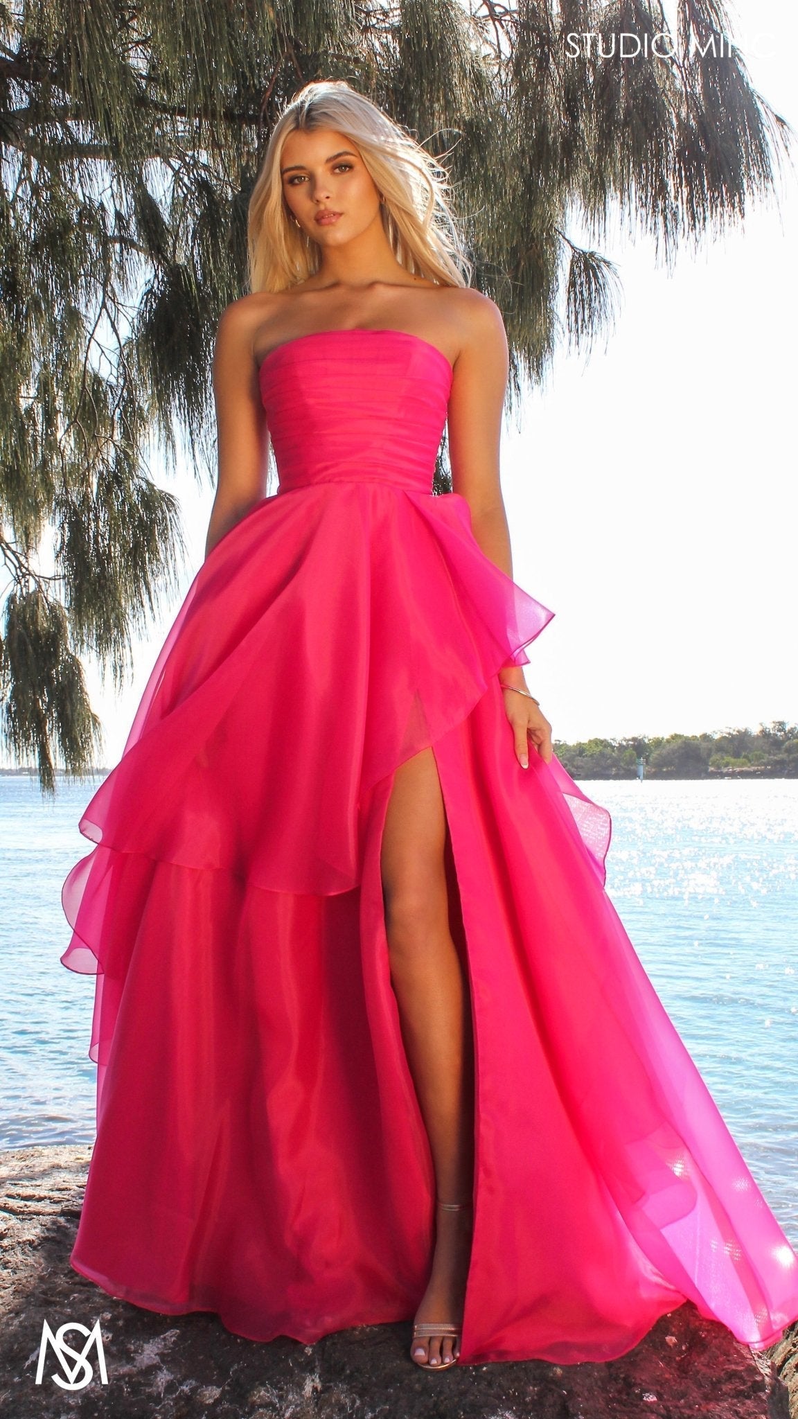 Monaco - Hot Pink Formal Dress | Strapless Corset, Organza layered handkerchief skirt, leg slit