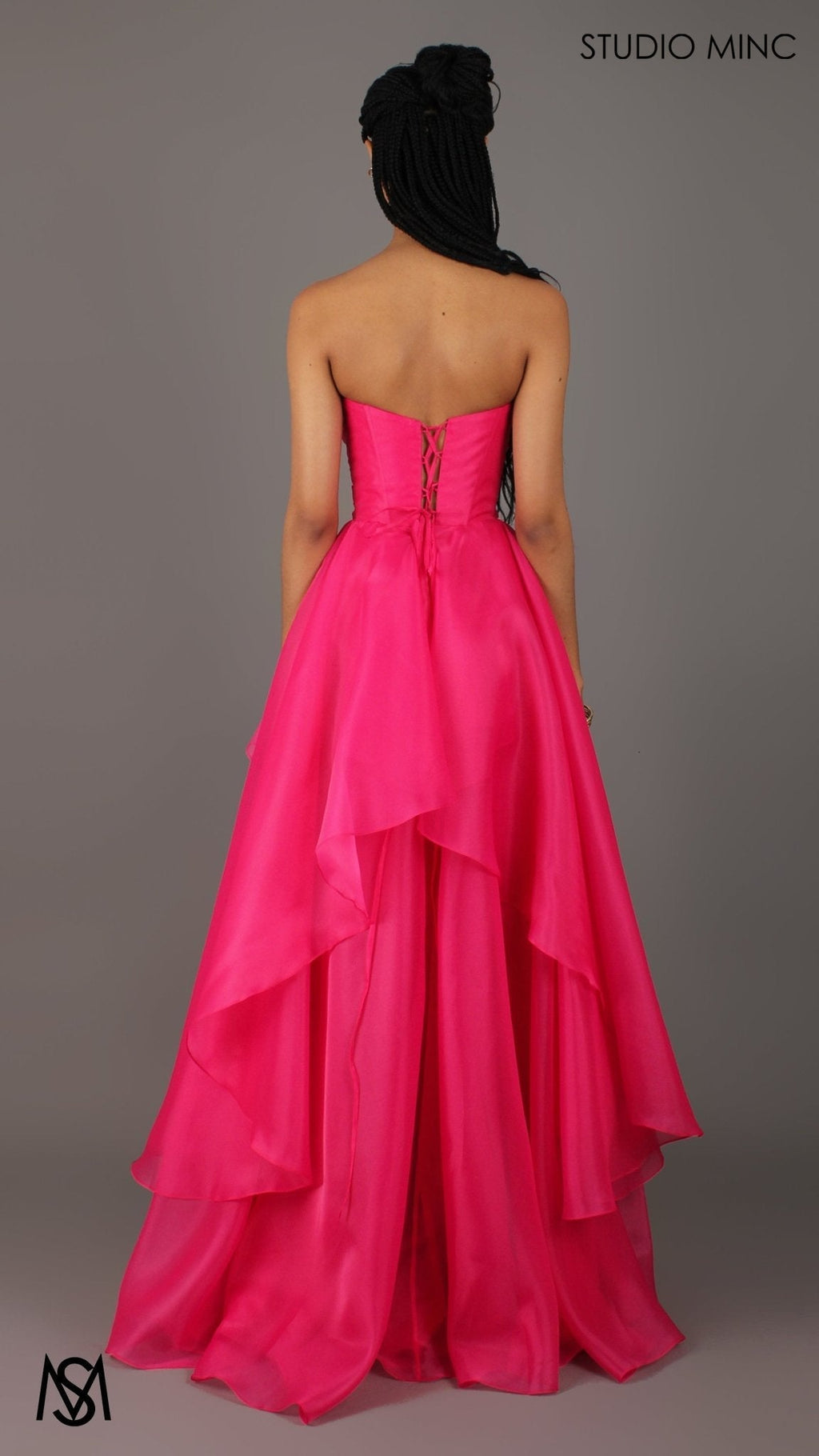 Monaco - Hot Pink Formal Dress | Strapless Corset, Organza layered handkerchief skirt, leg slit