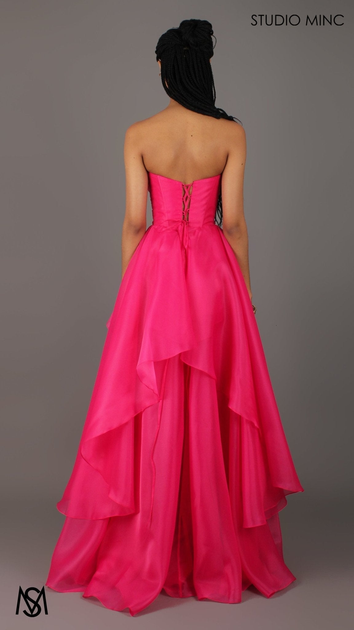 Monaco - Hot Pink Formal Dress | Strapless Corset, Organza layered handkerchief skirt, leg slit